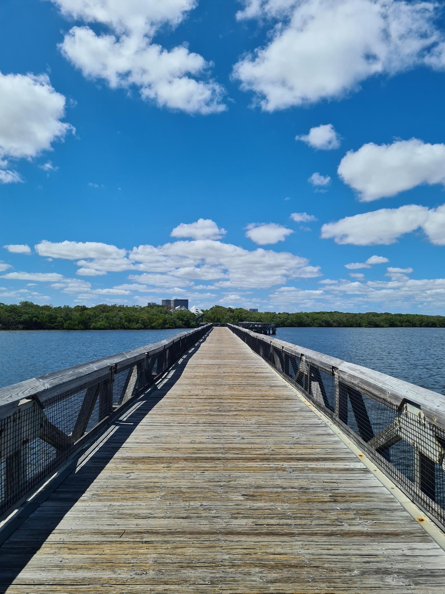 Straight wooden boardwalk over water, leading to distant green land under blue sky.