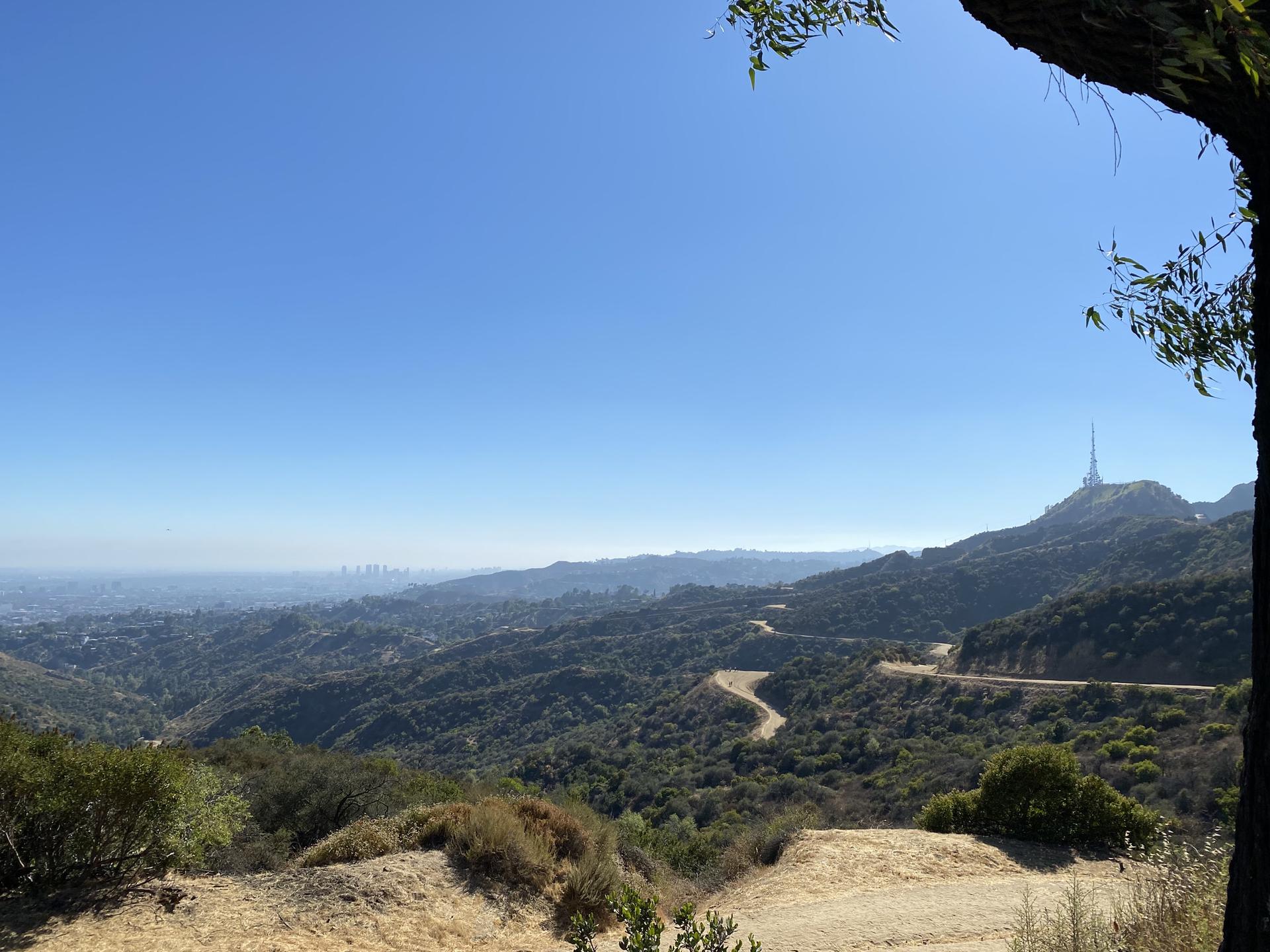 Panoramic view of green hills, winding road, and distant city under clear sky.