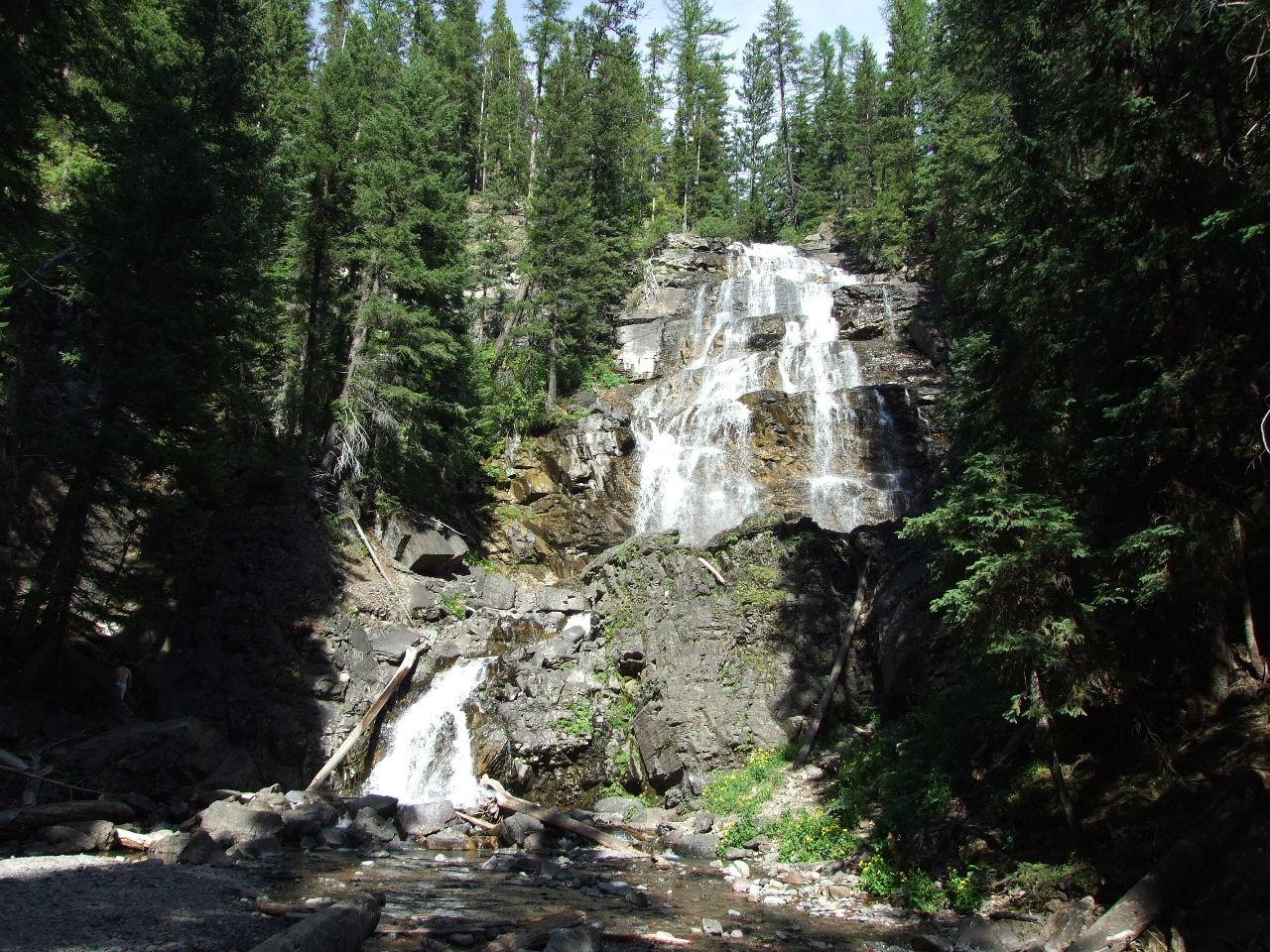 Multi-tiered waterfall cascades down rocky cliff surrounded by dense evergreen forest in daylight.