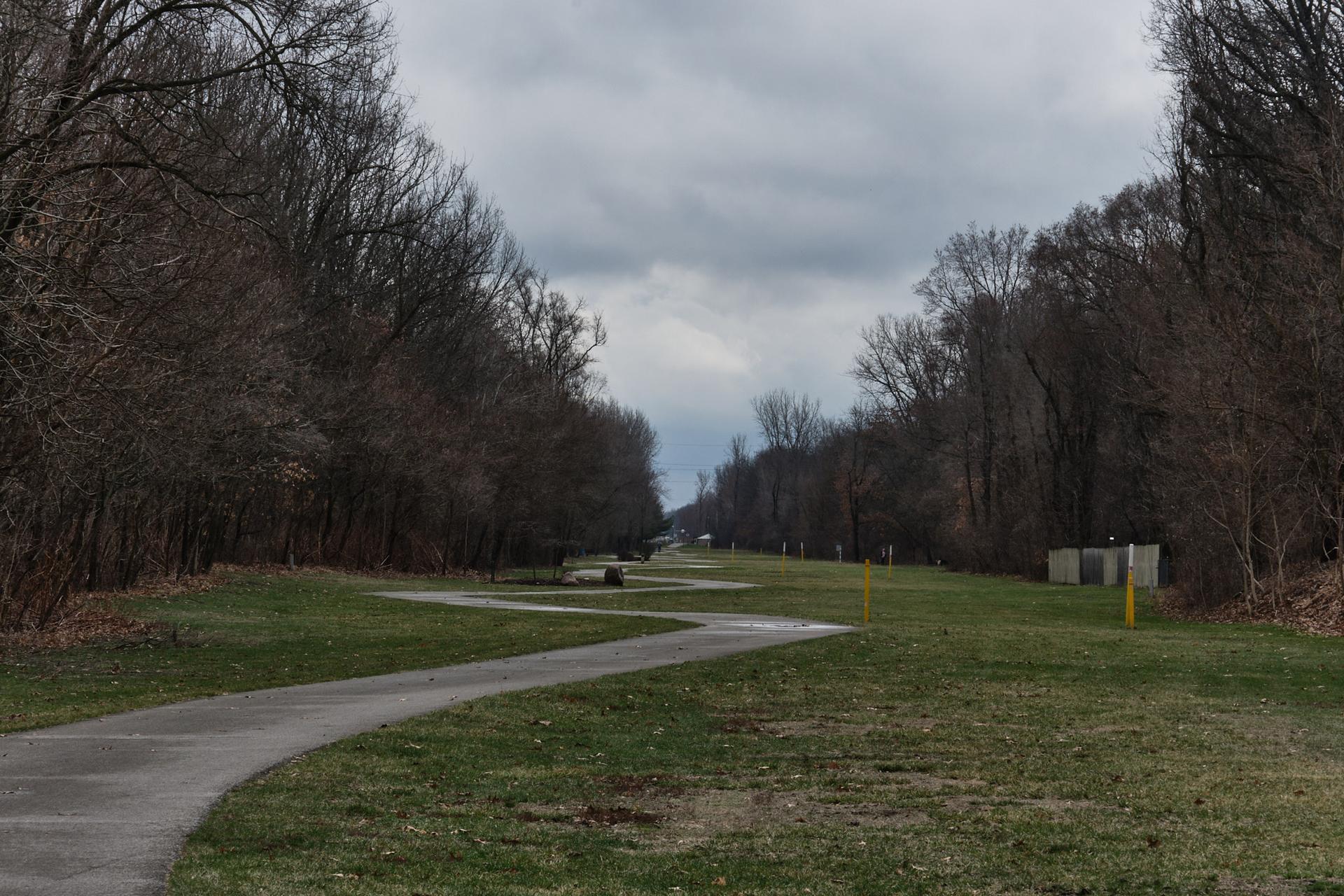 A winding paved path through a grassy clearing surrounded by bare trees.