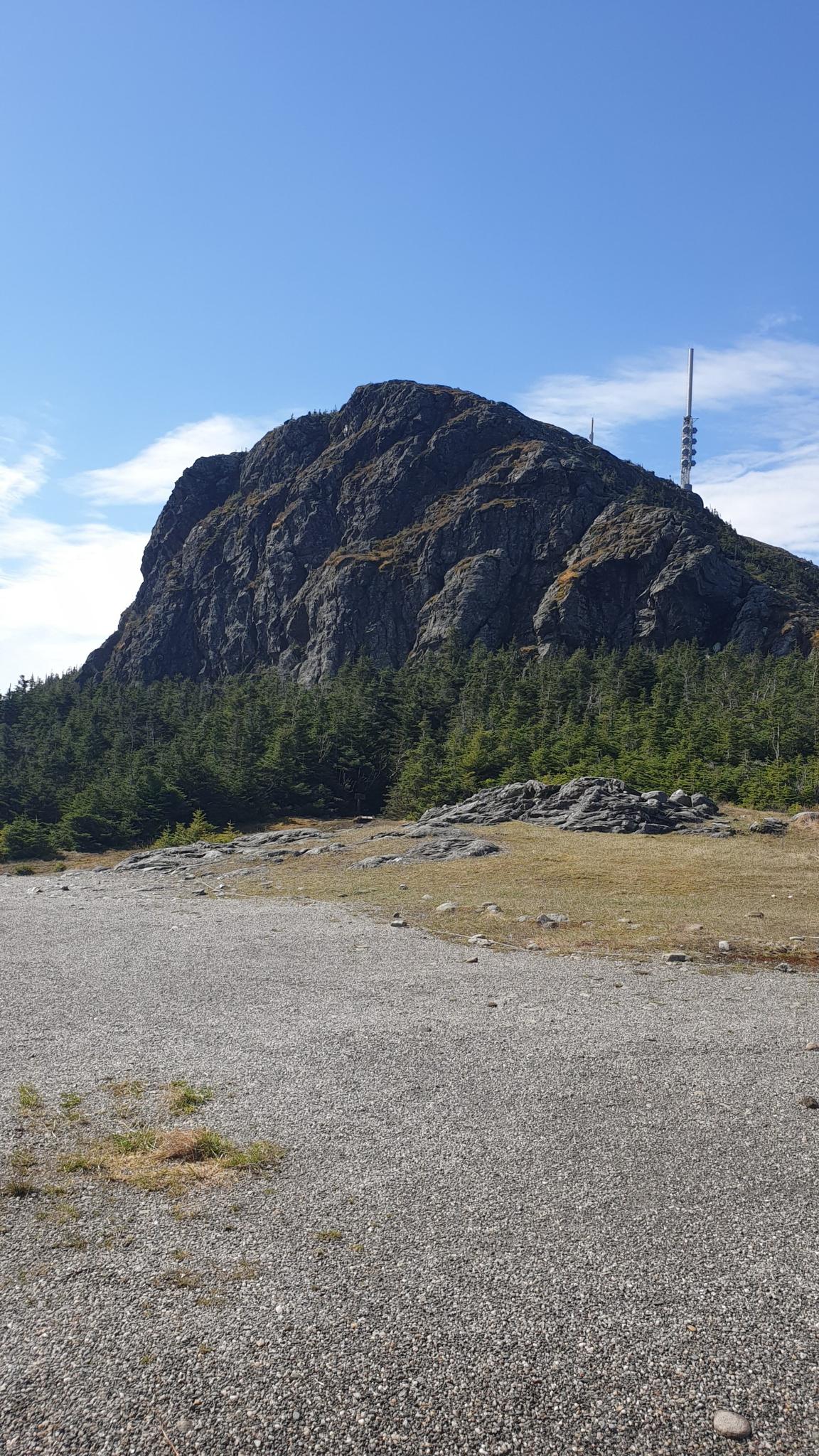 A large rocky mountain covered in trees under a clear blue sky.