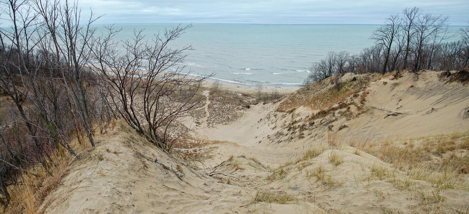 Sandy dunes descend to a beach and calm water under an overcast sky.