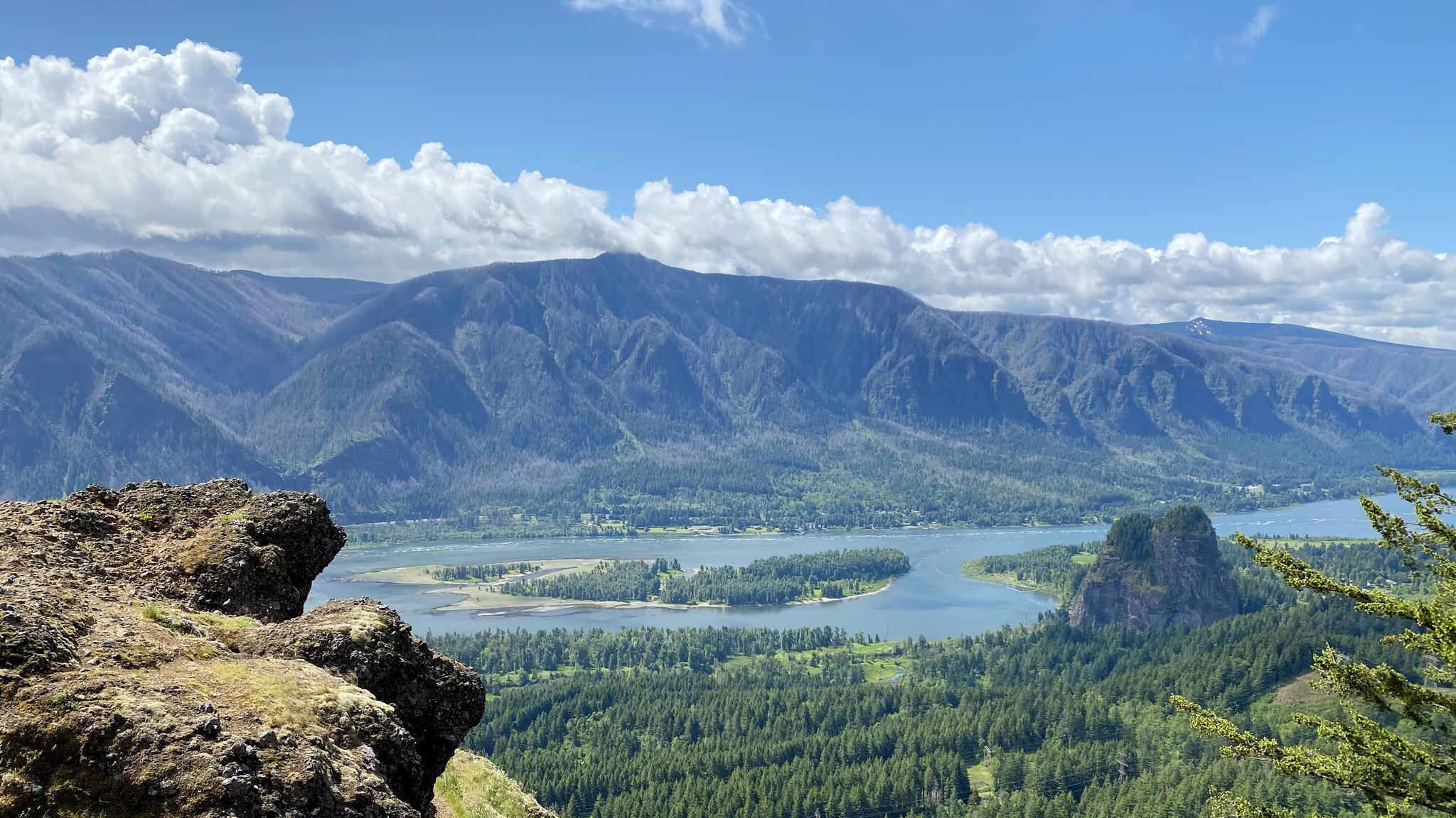 Expansive view of a river, forested islands, and mountains under a blue sky.