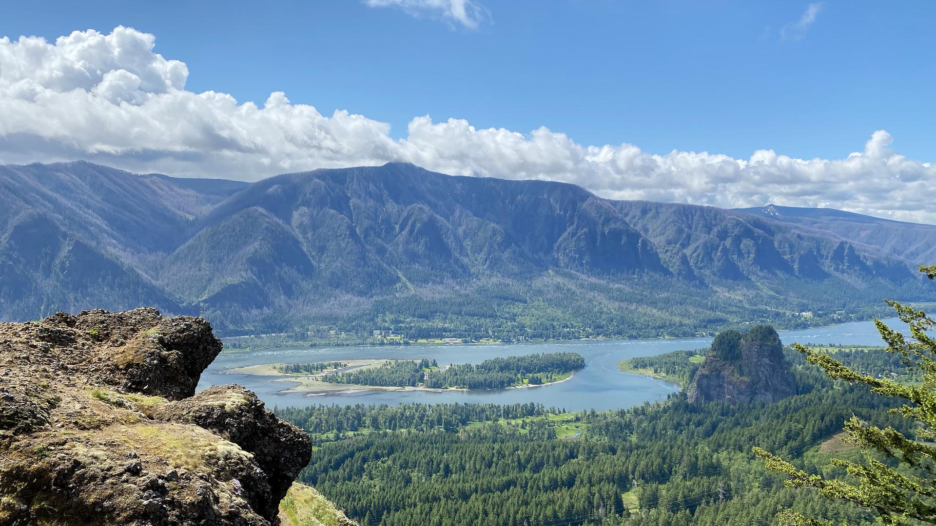 Expansive view of a river, forested islands, and mountains under a blue sky.