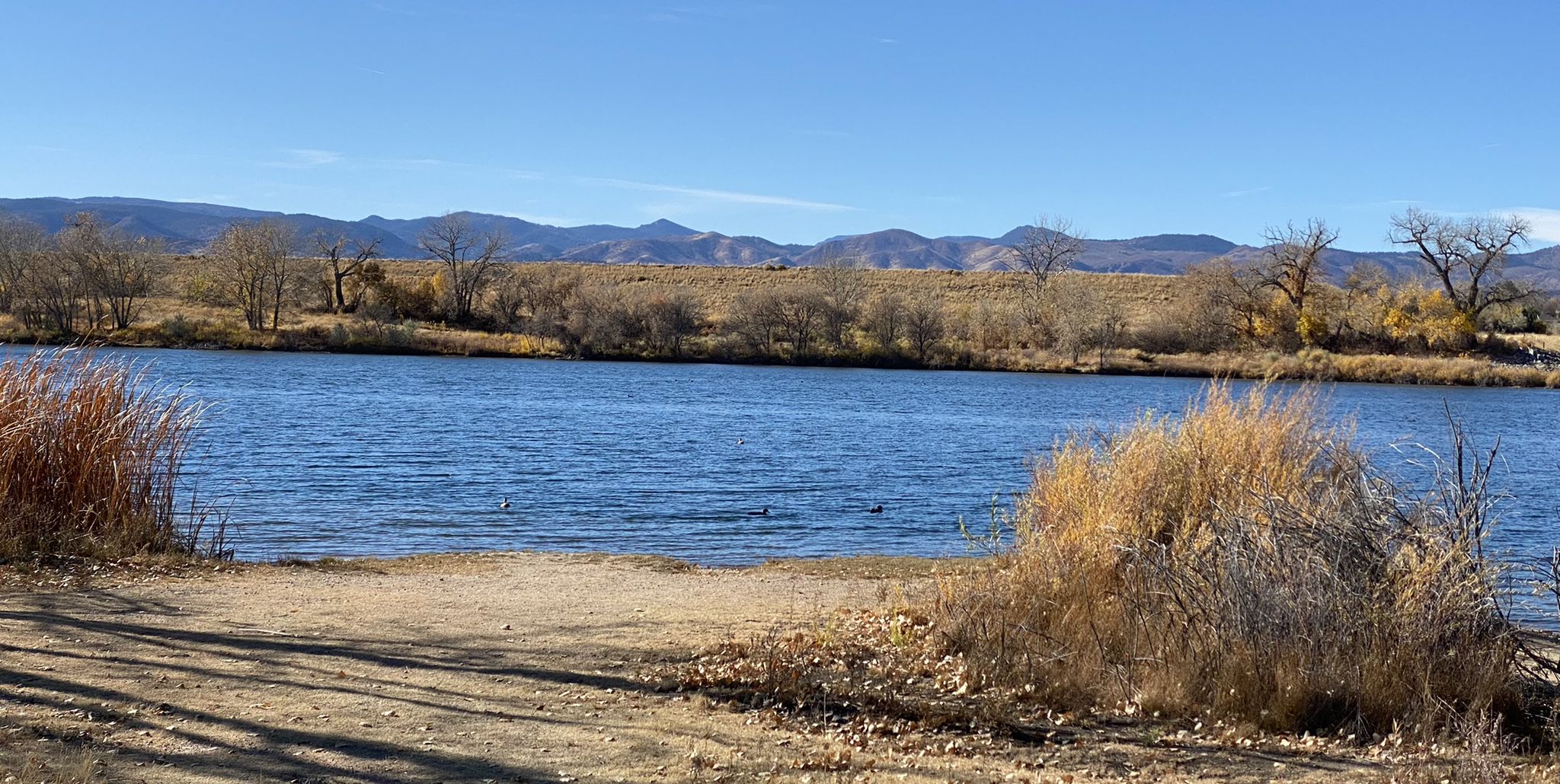 Blue lake with dry grass banks, distant mountains under a clear sunny sky. - Mary Carter Greenway Trail
