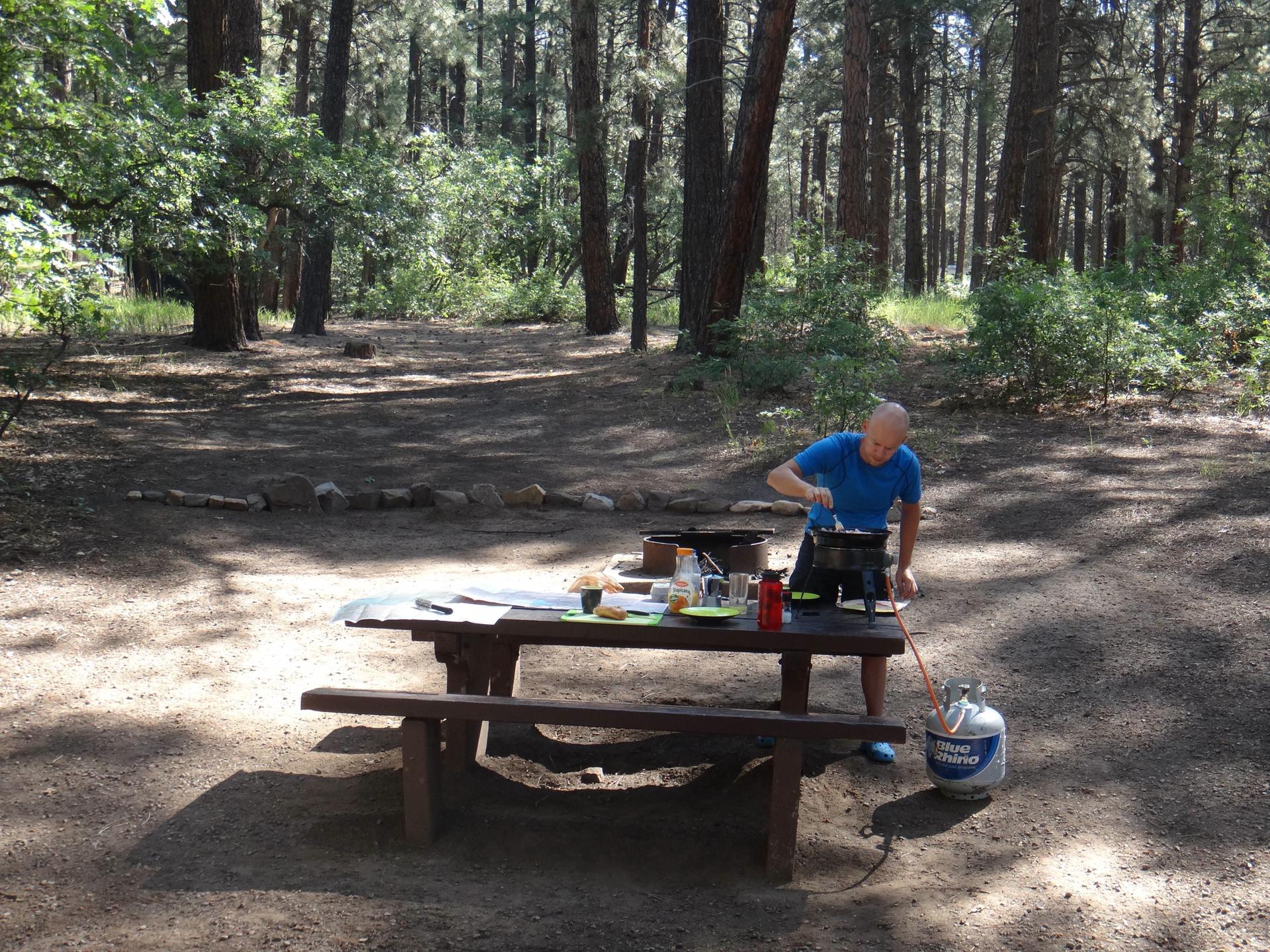 A man cooks on a camp stove at a picnic table in a shaded forest.