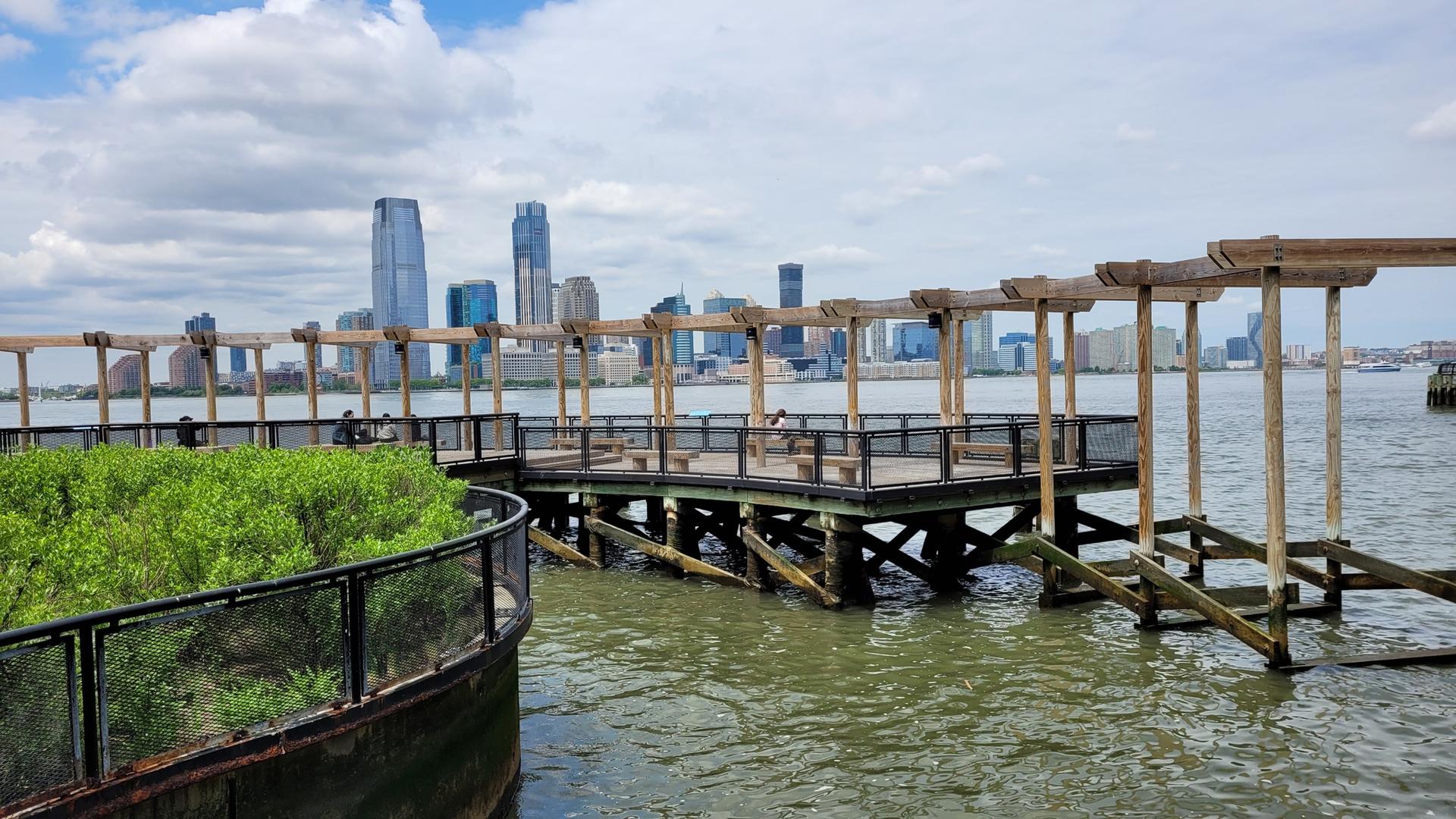 Wooden pier with people, green bushes, and a city skyline across water.
