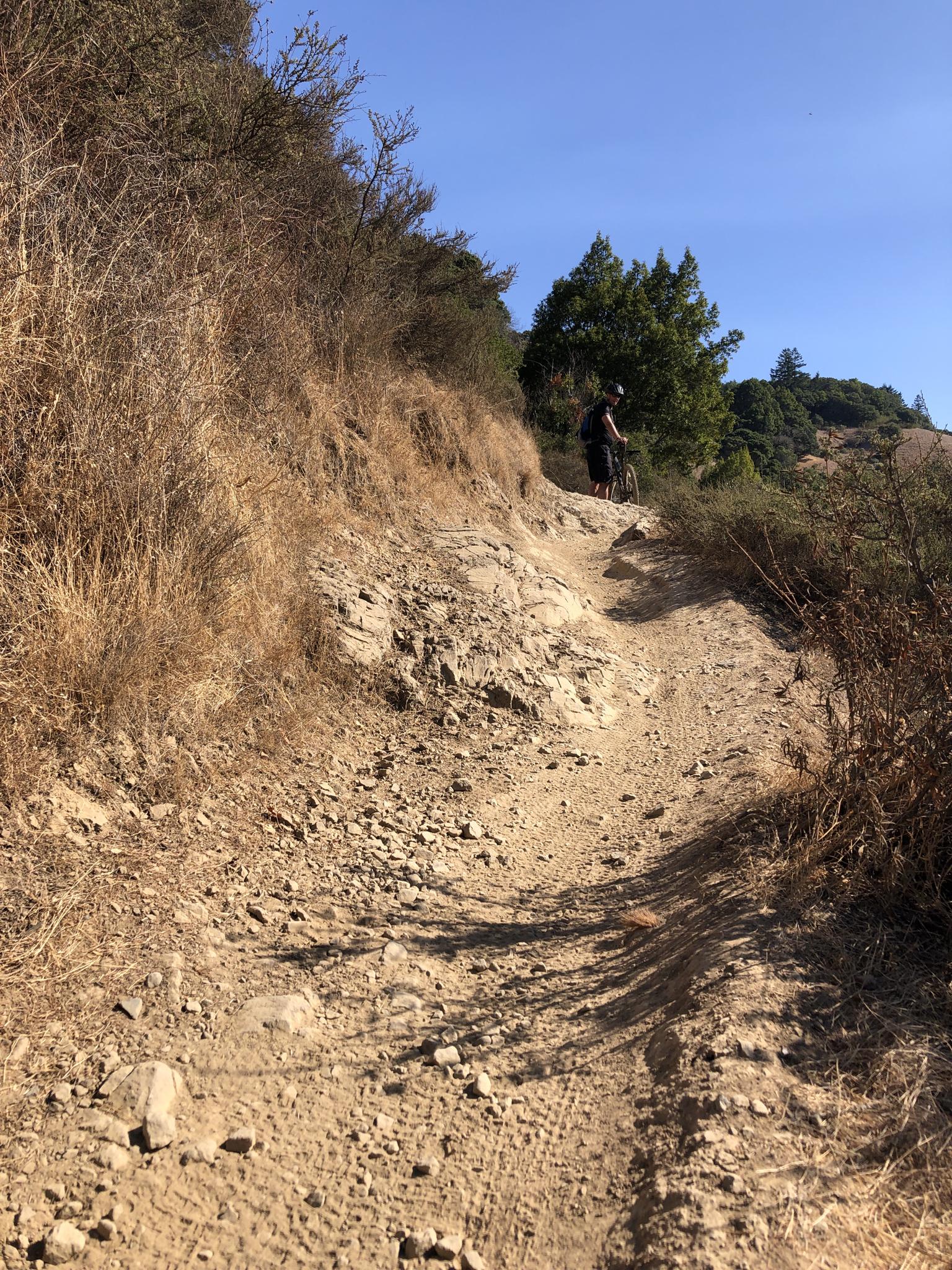 Person with a bike on a dry, rocky uphill trail under bright sun.