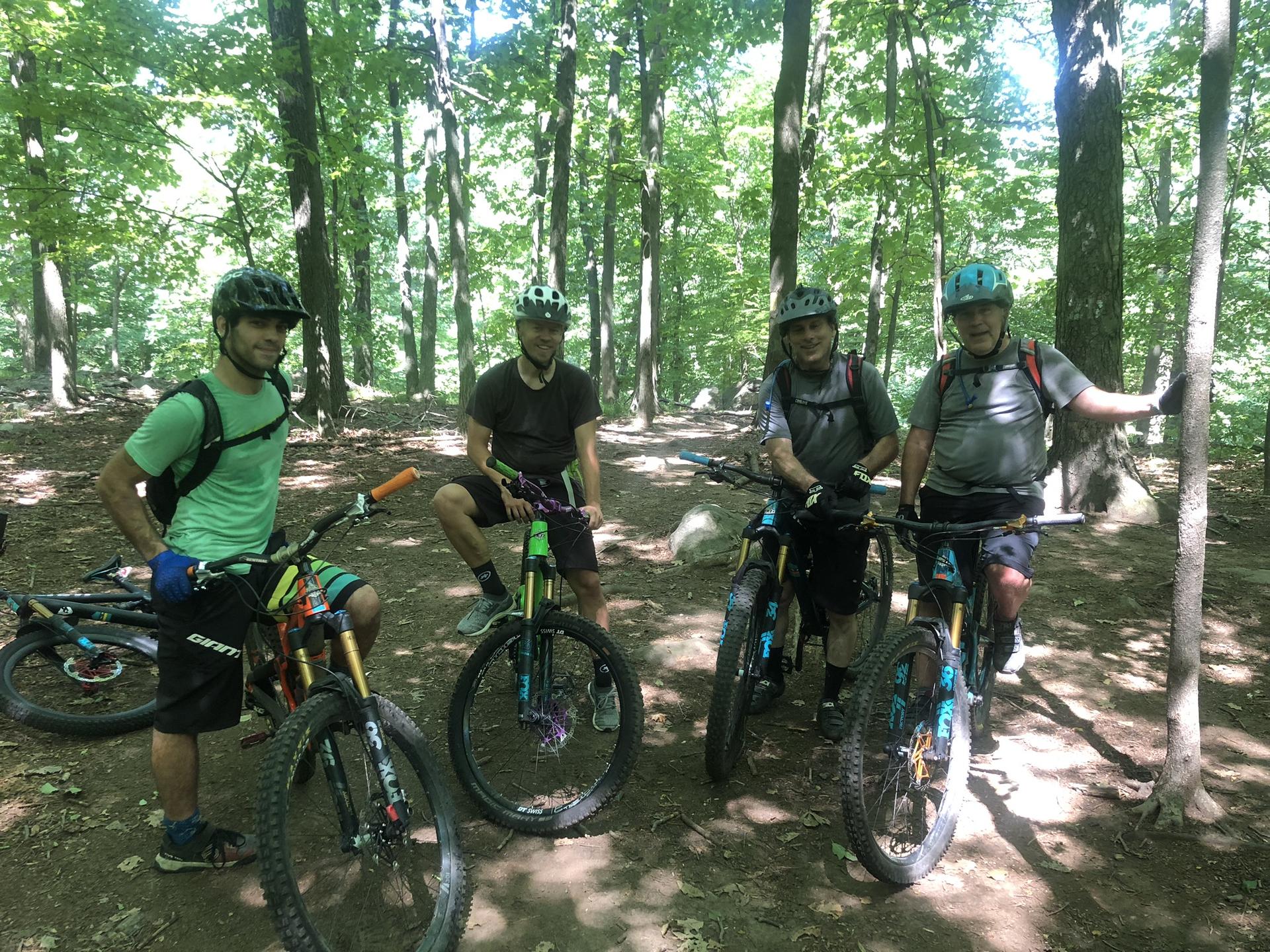 Four men with mountain bikes pose in a sunlit forest.
