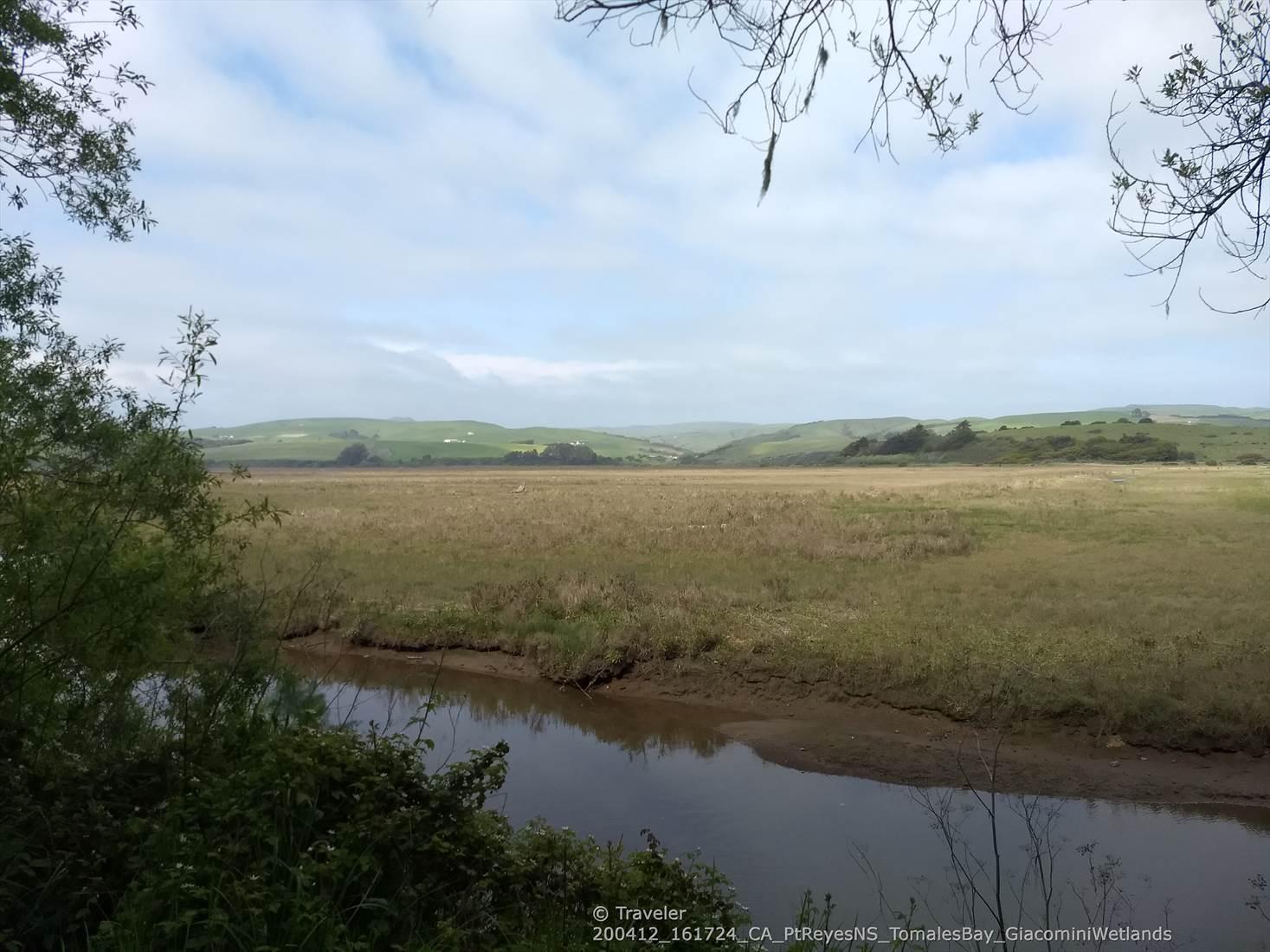 River flowing through vast wetlands with distant hills under a cloudy sky.
