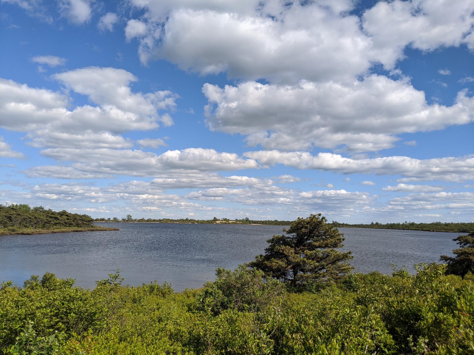 A wide blue lake surrounded by green trees under a partly cloudy sky.