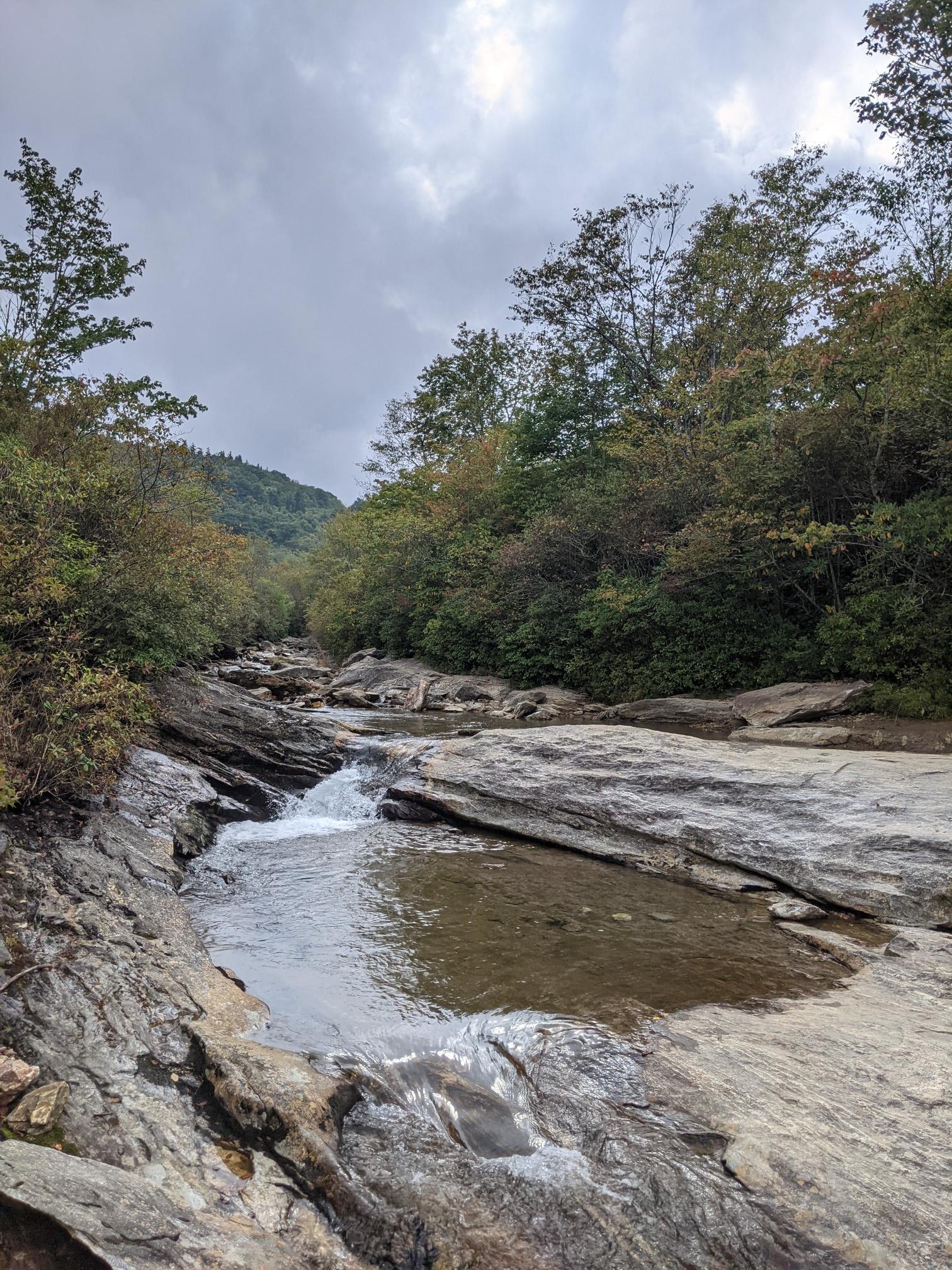 River flowing over smooth rocks through a forest under a cloudy sky.