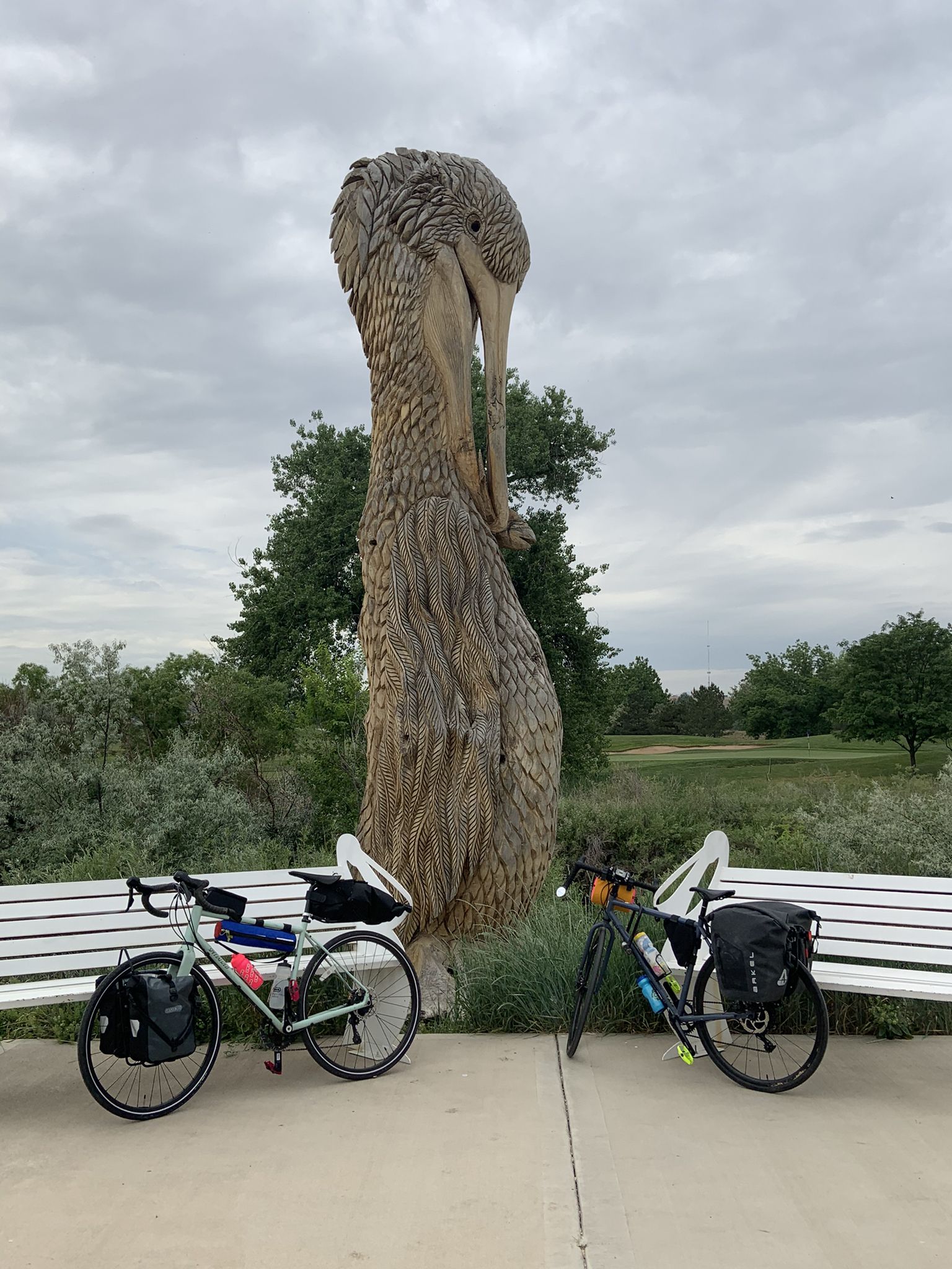 Two bicycles parked next to a tall wooden bird sculpture on an overcast day. - Carved pelican and pelican benches – Cache La Poudre River loop from Windsor