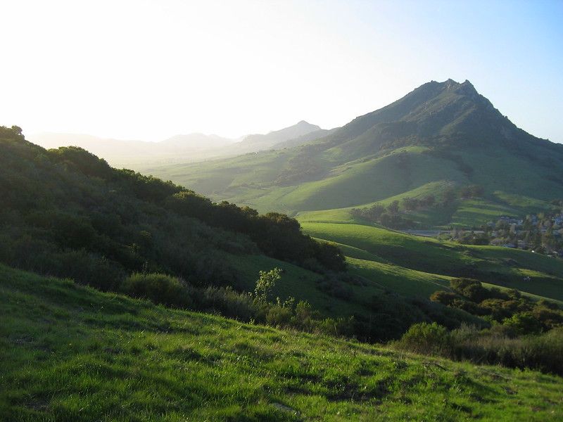 Sunlit green rolling hills and a prominent peak under a bright sky. - Laguna Lake and Cerro San Luis Loop Trail