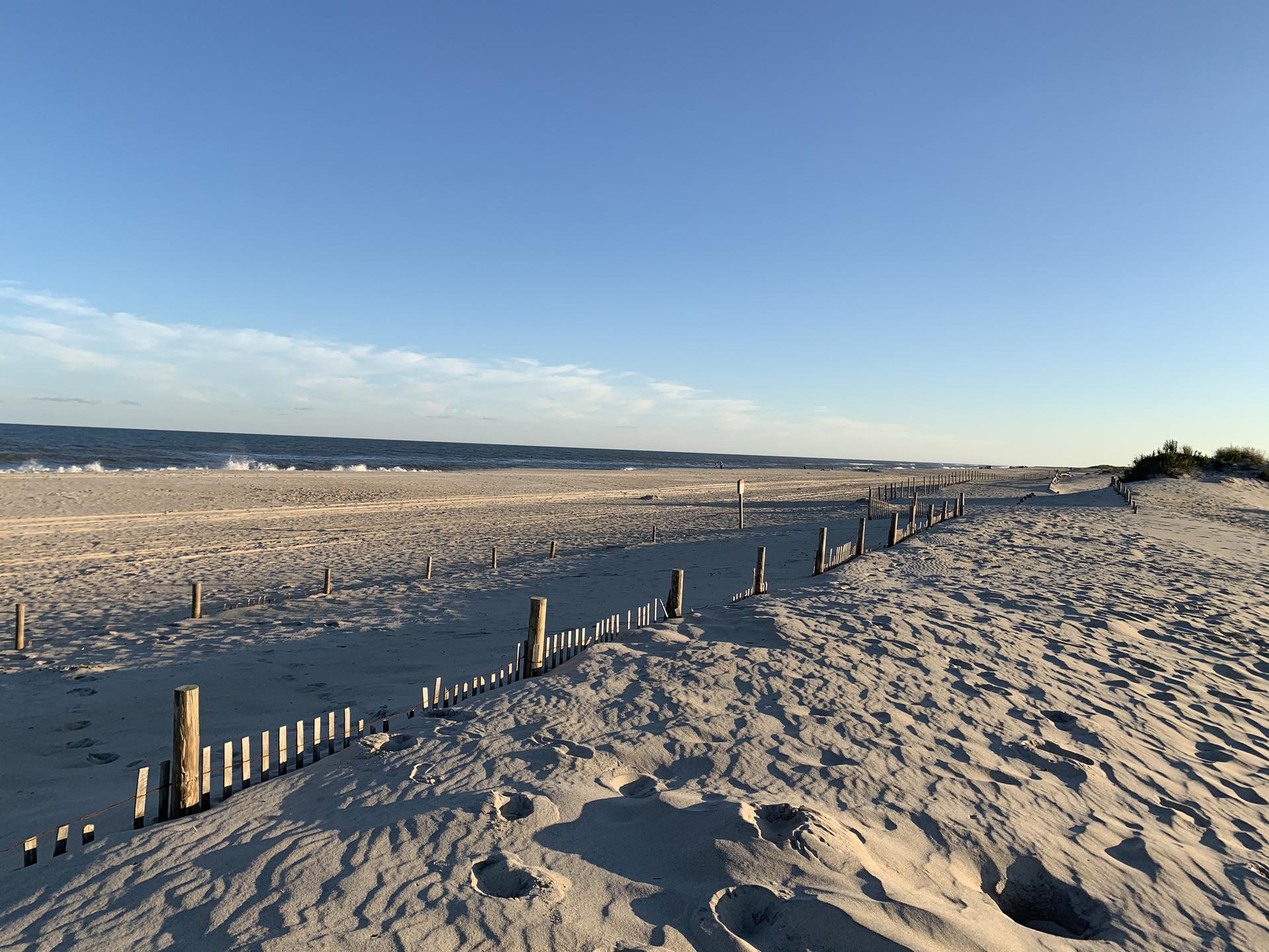 Wide sandy beach with ocean waves, dunes, and wooden fences under a clear sky.