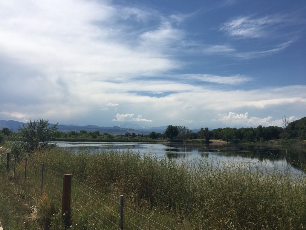 Expansive lake with green foliage, fence, and distant mountains under blue sky. - Longmont Loop - South
