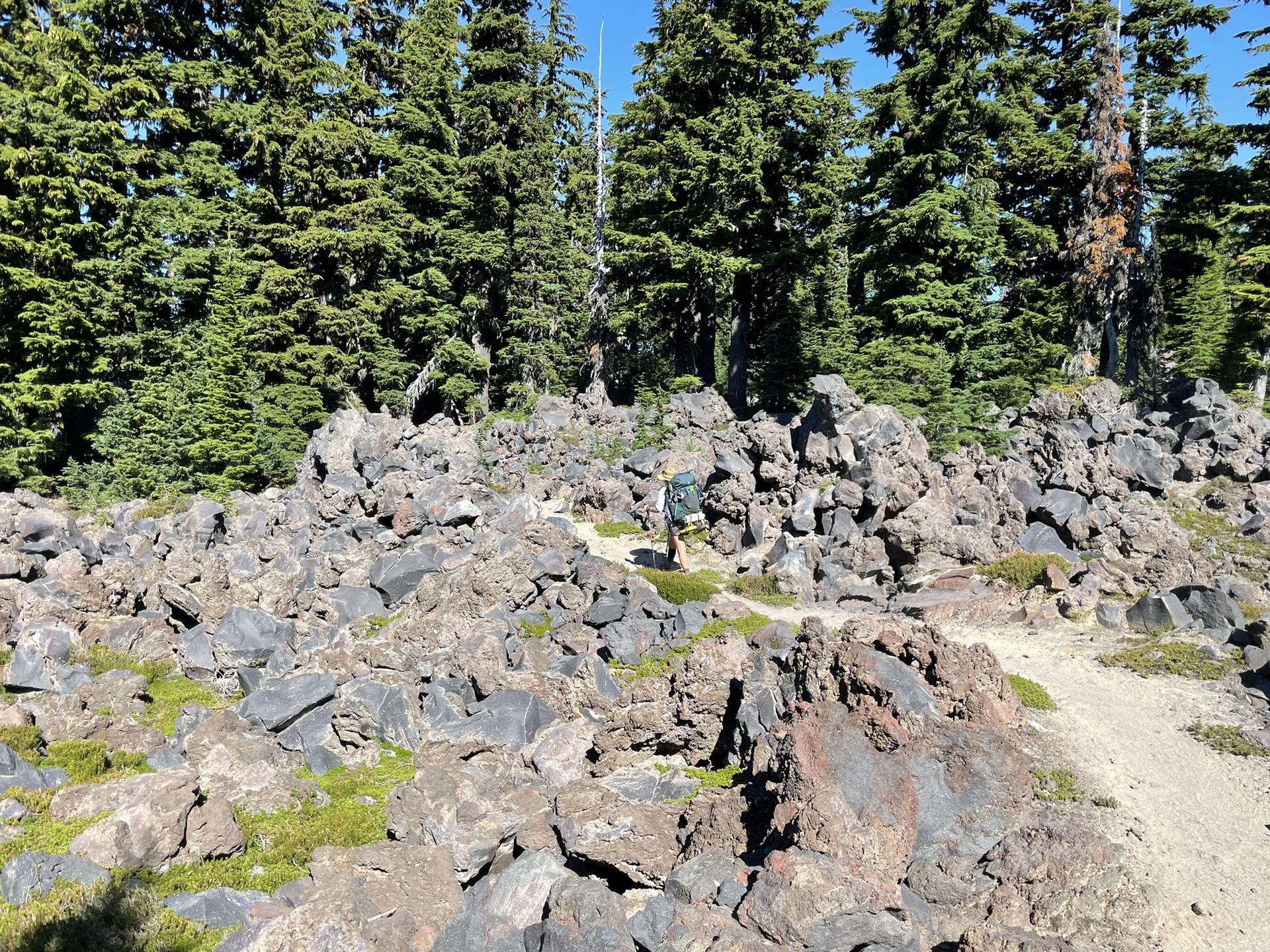 Hiker navigating a rocky, volcanic-looking terrain surrounded by evergreen trees.