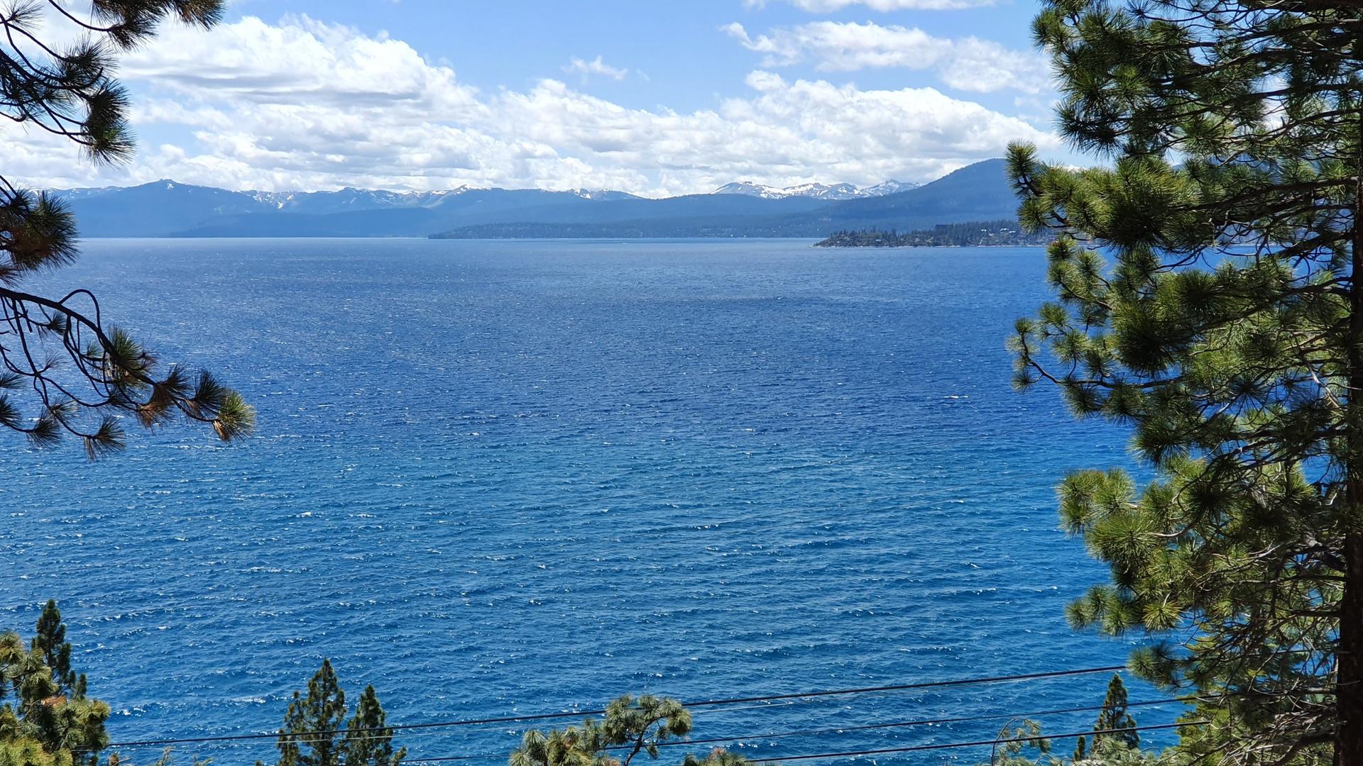 Bright blue lake framed by pine trees, with distant mountains under a cloudy sky.