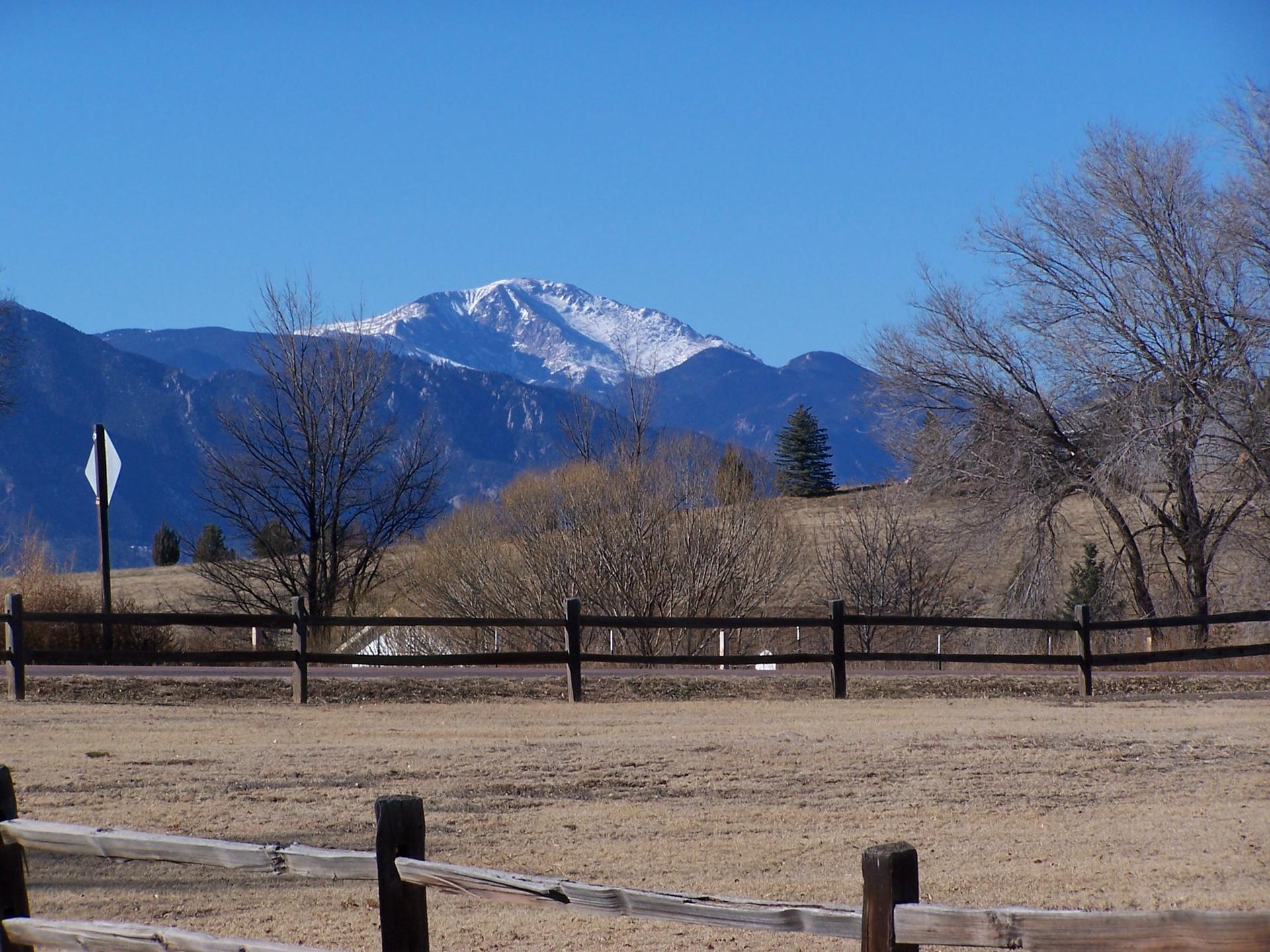 Snow-capped mountain over dry field, bare trees, and wooden fence on clear day.