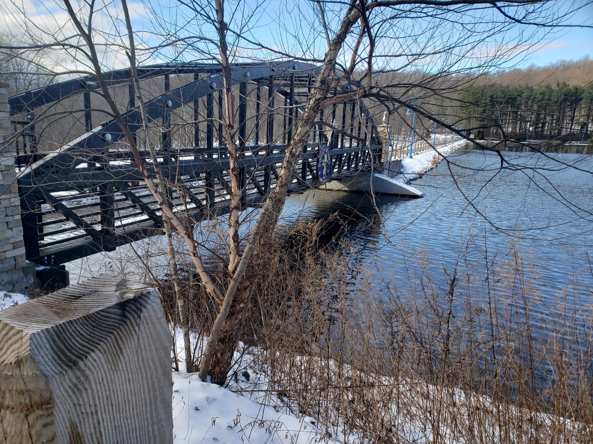 Dark metal bridge spans a lake with snowy banks and bare trees.