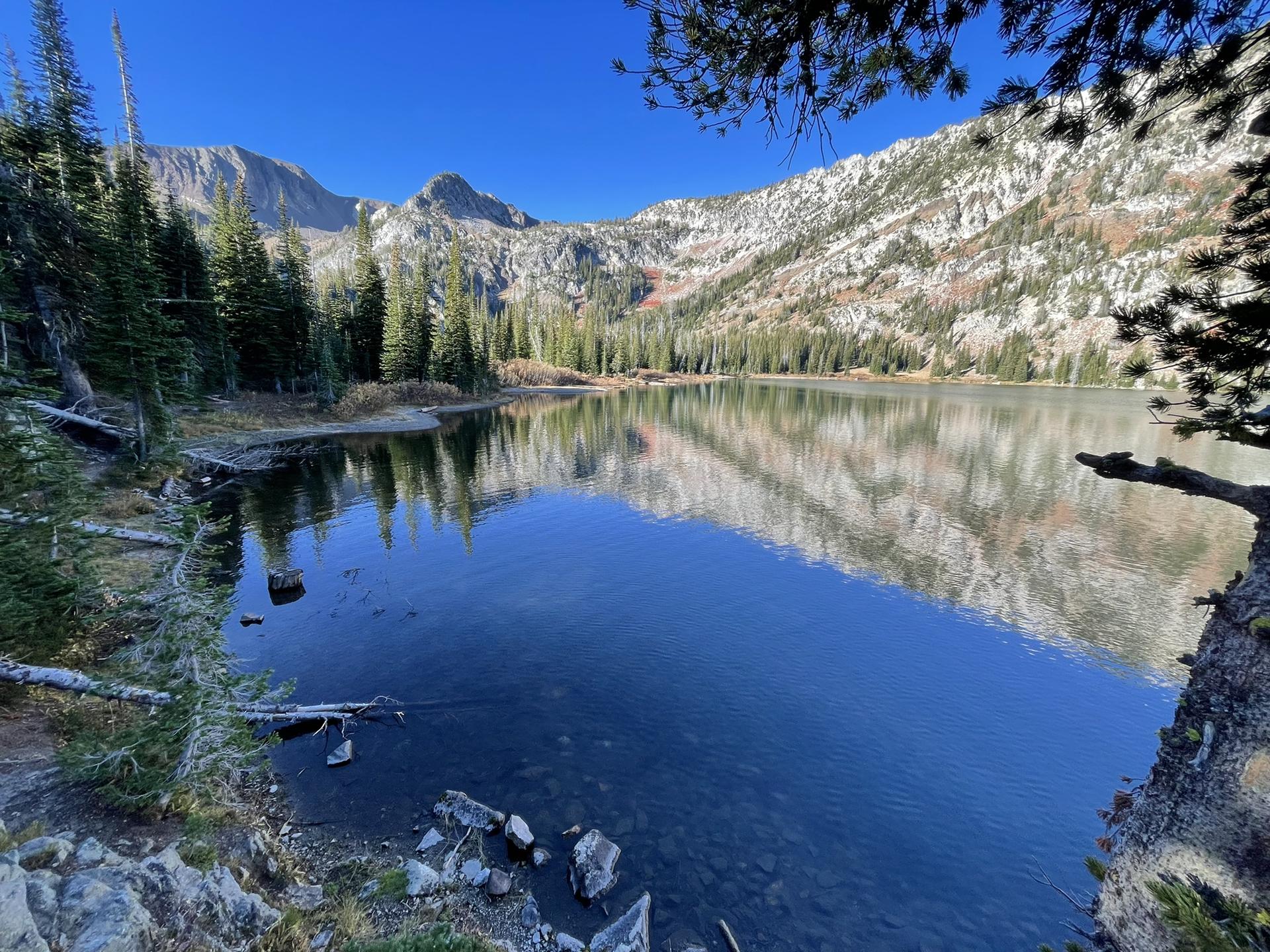 Pristine mountain lake reflecting rugged, forested peaks under a clear blue sky.