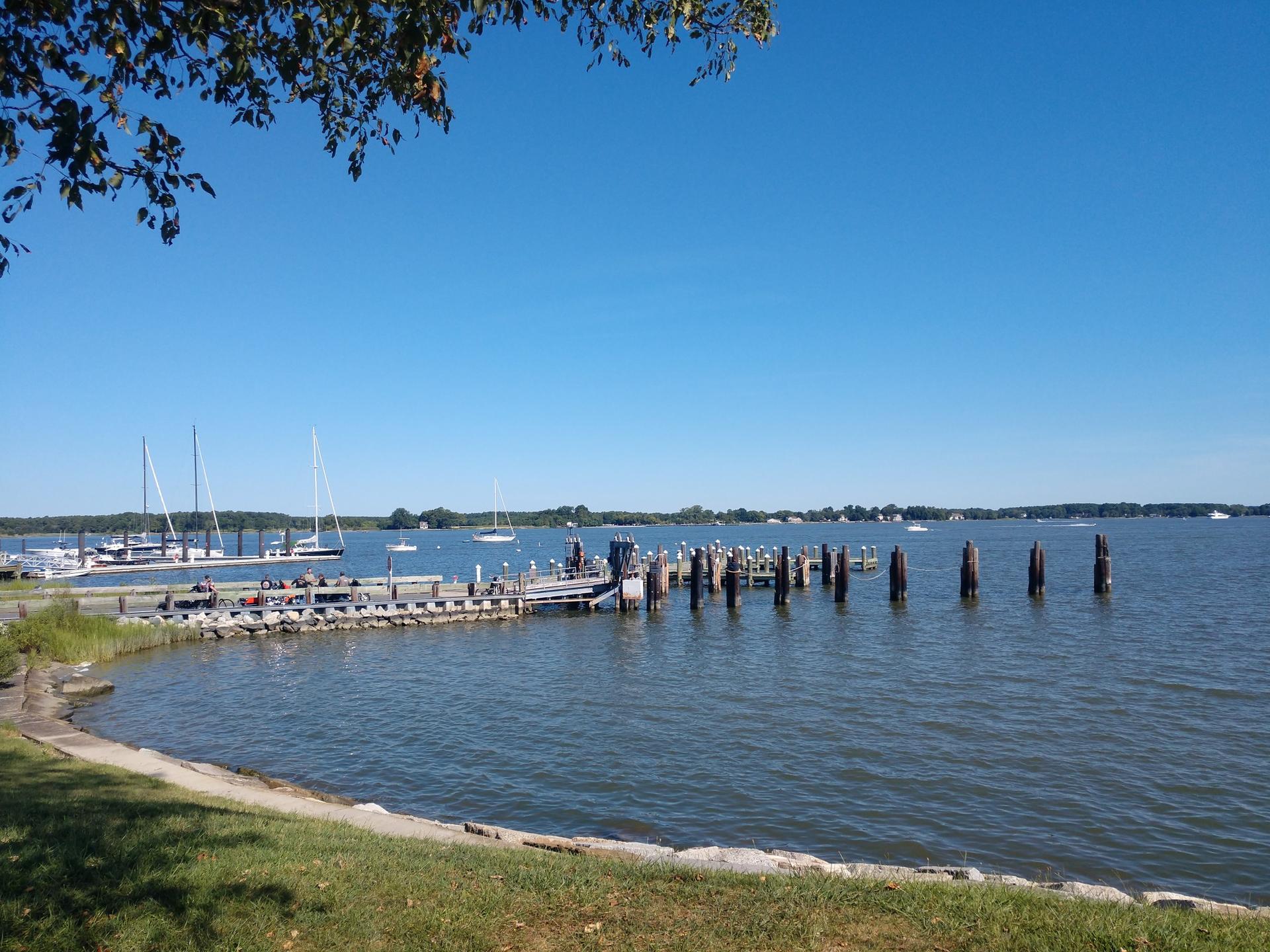 Sunny day at a marina with boats docked along a pier and people.