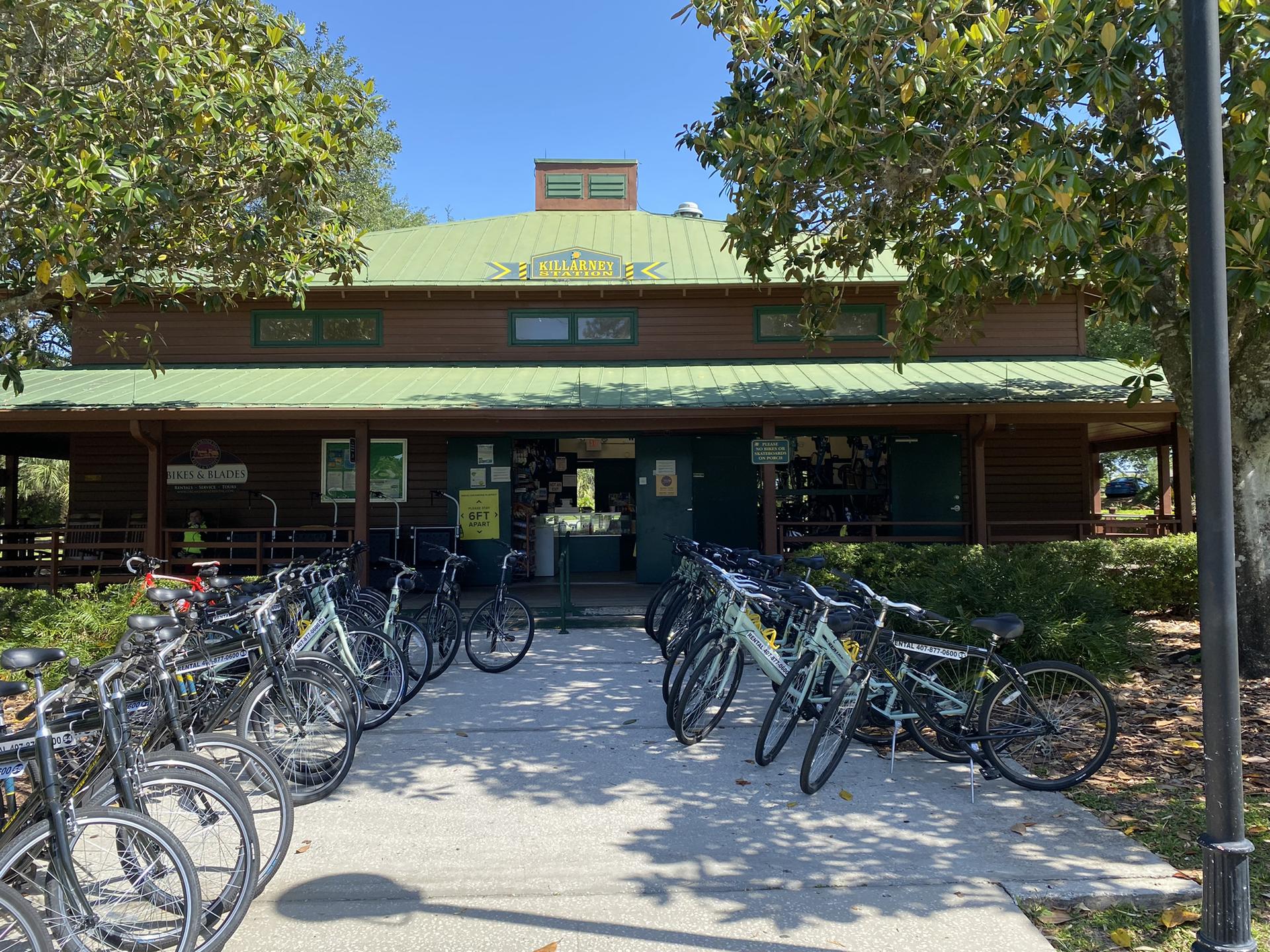 Sunny day with many bicycles parked in front of a rustic building.