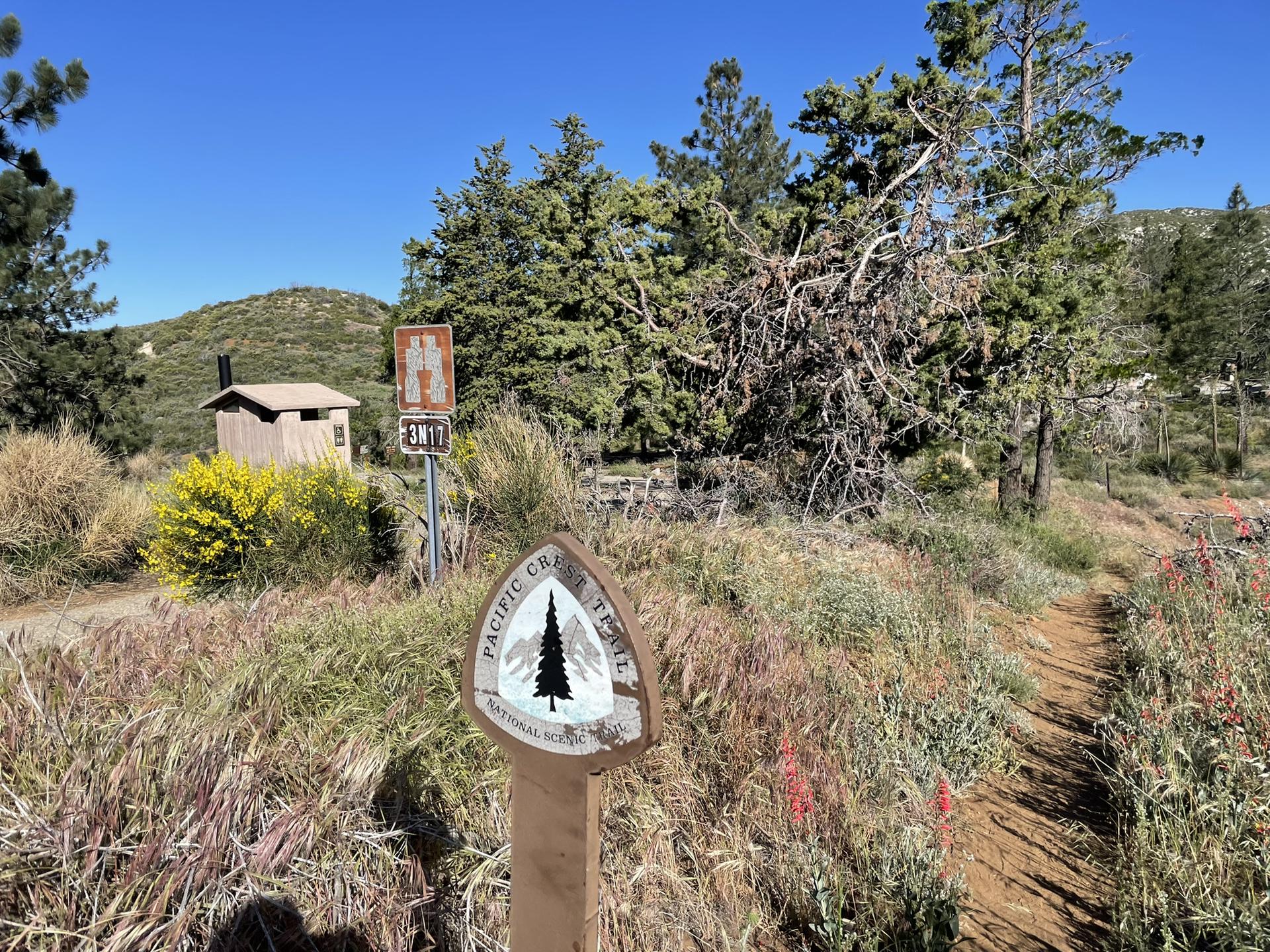 Trail sign on a dirt path, small building, and pine trees under blue sky.