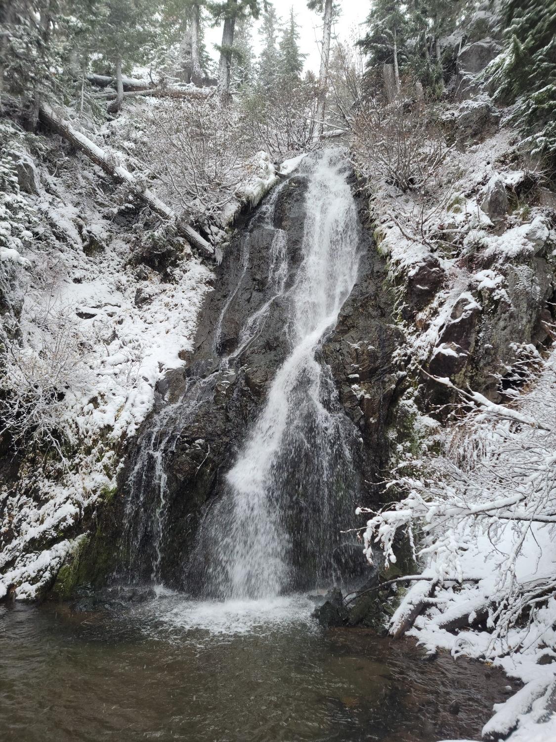 A waterfall cascades down snowy, rocky cliffs in a winter forest.