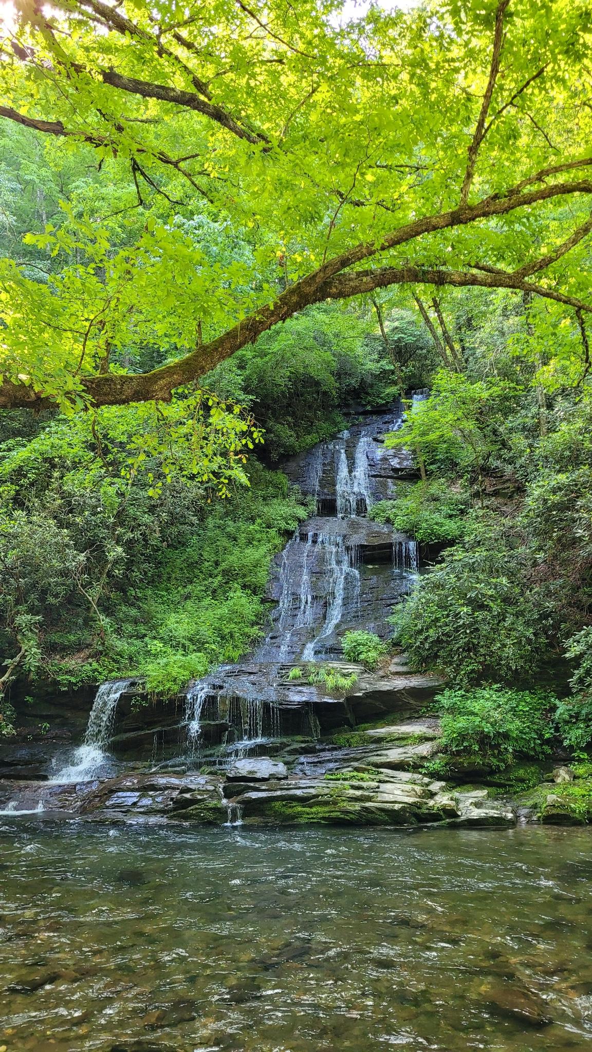 Tall, multi-tiered waterfall flowing into a clear river, framed by bright green trees.
