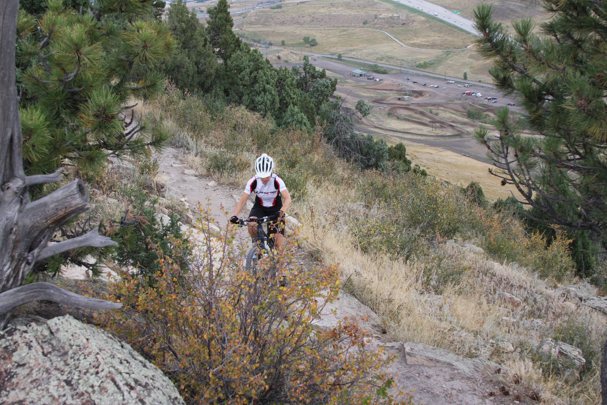 A person mountain biking down a steep, dry, forested hillside on a sunny day. - Red Rocks and Dakota Ridge Loop