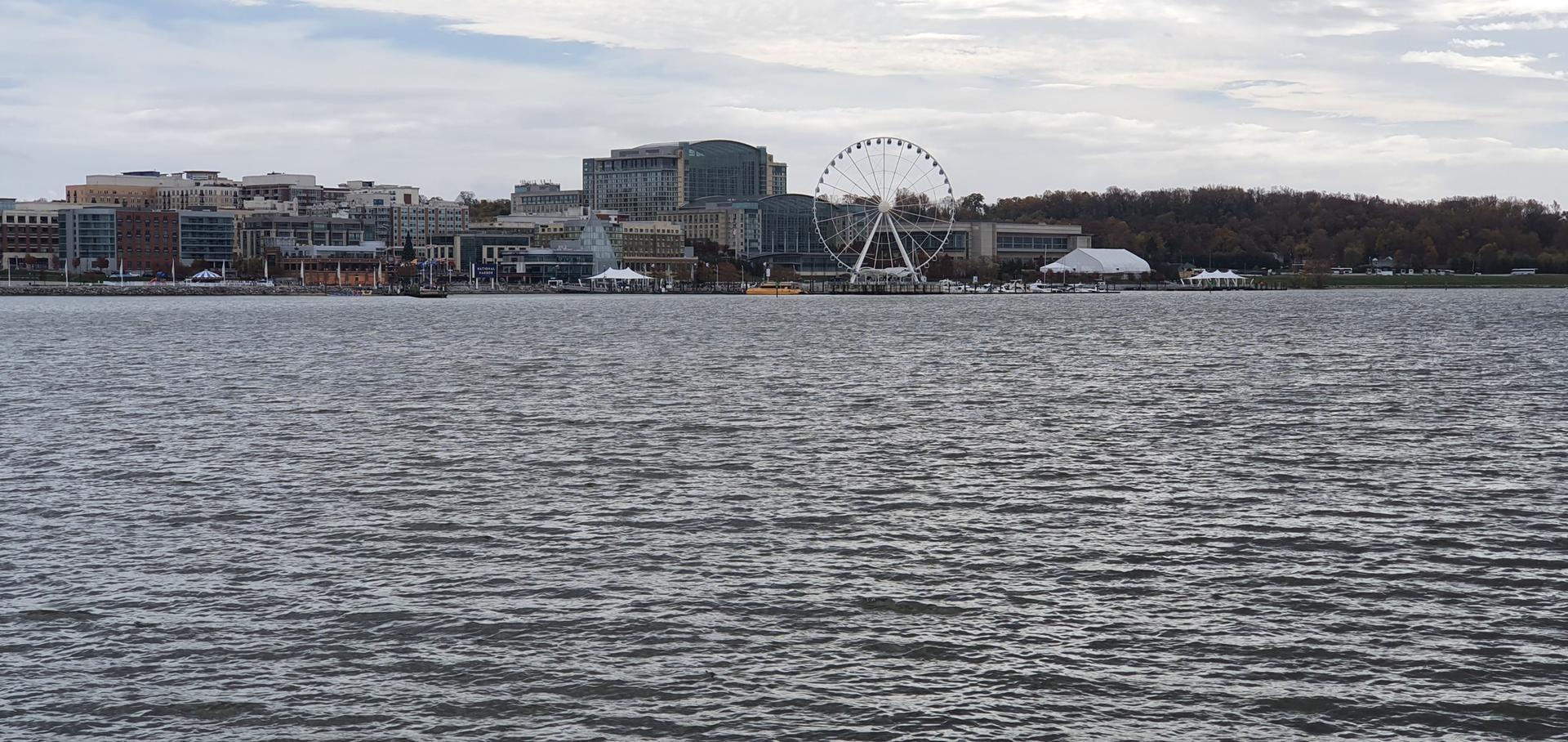 Wide river with a distant city skyline and Ferris wheel under cloudy sky.