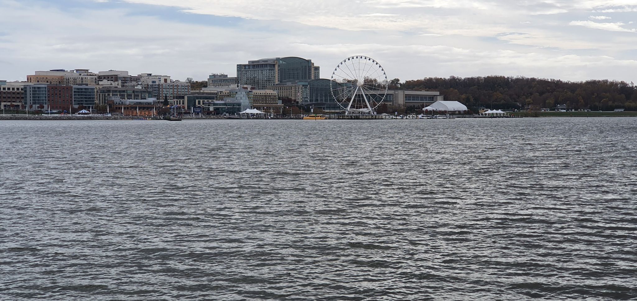Wide river with a distant city skyline and Ferris wheel under cloudy sky. - Belle Haven Park – Dyke Marsh Wildlife Preserve loop from Belle Haven