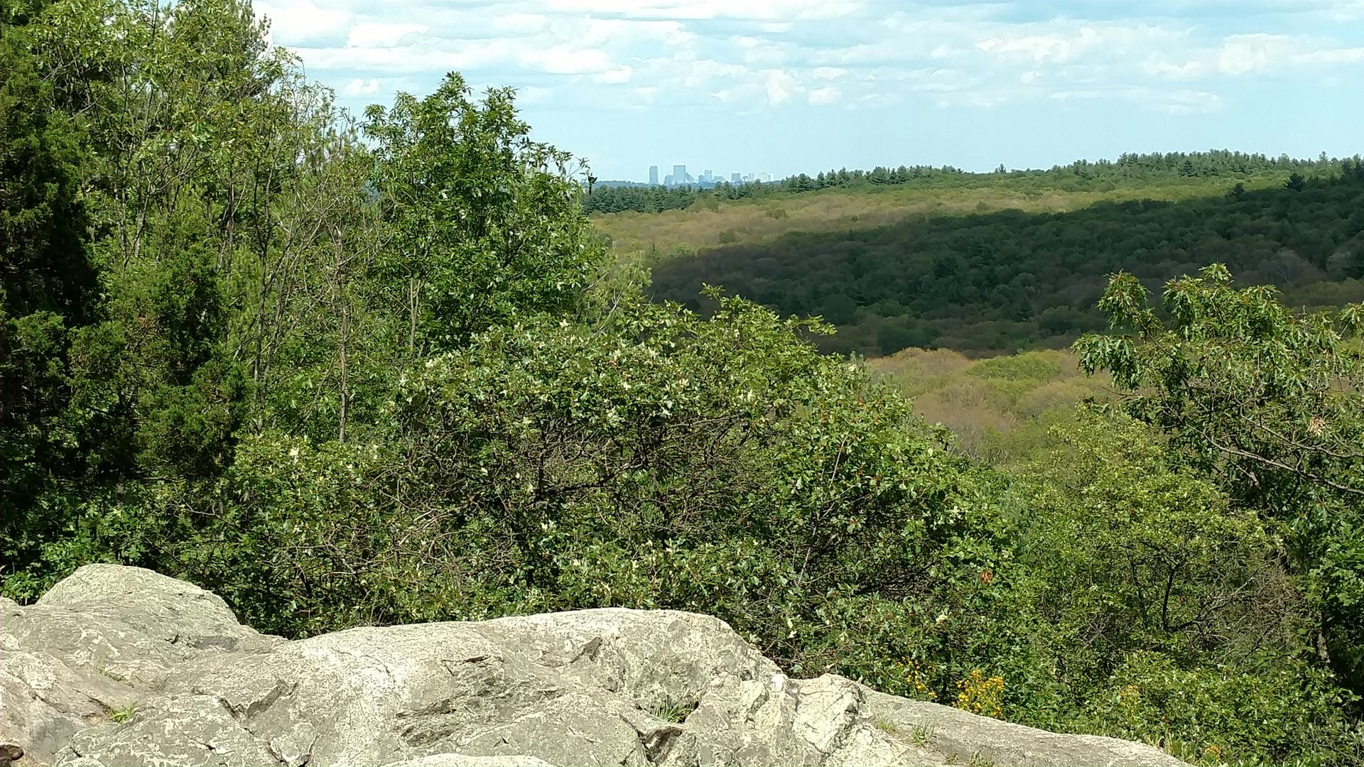 Rocky outcrop overlooking a vast green valley with a distant city skyline.