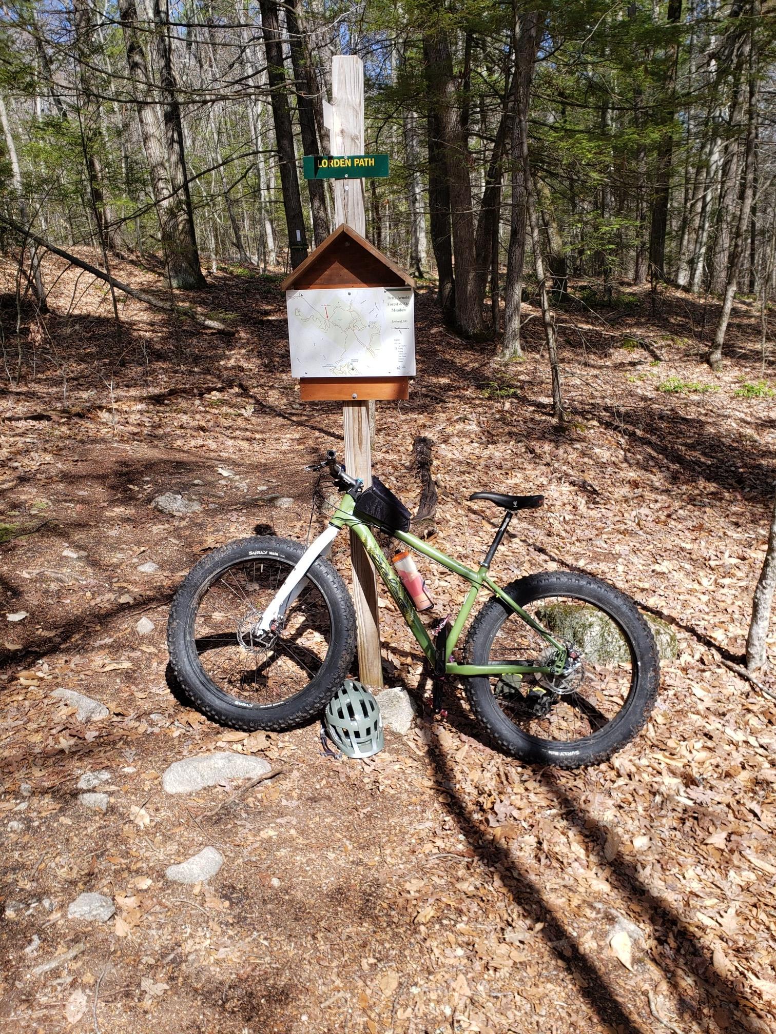 A green fat bike and helmet rest by a trail sign in a sunny forest.