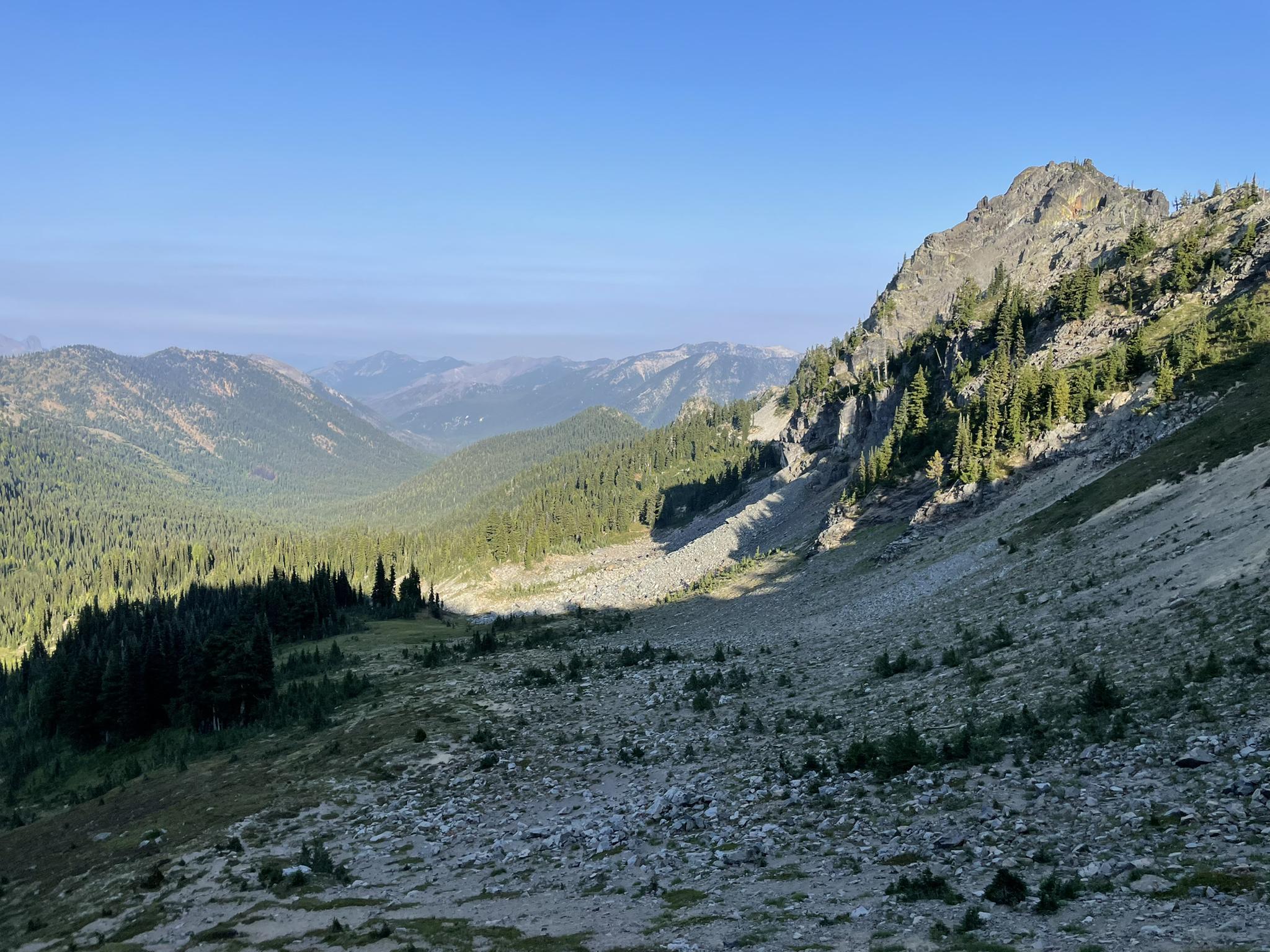 Sunny mountain valley with dense evergreen forests and rocky slopes.