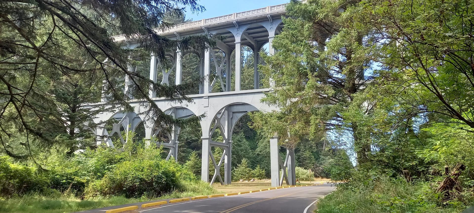 Road passing under a tall, grey arched bridge surrounded by lush green trees.