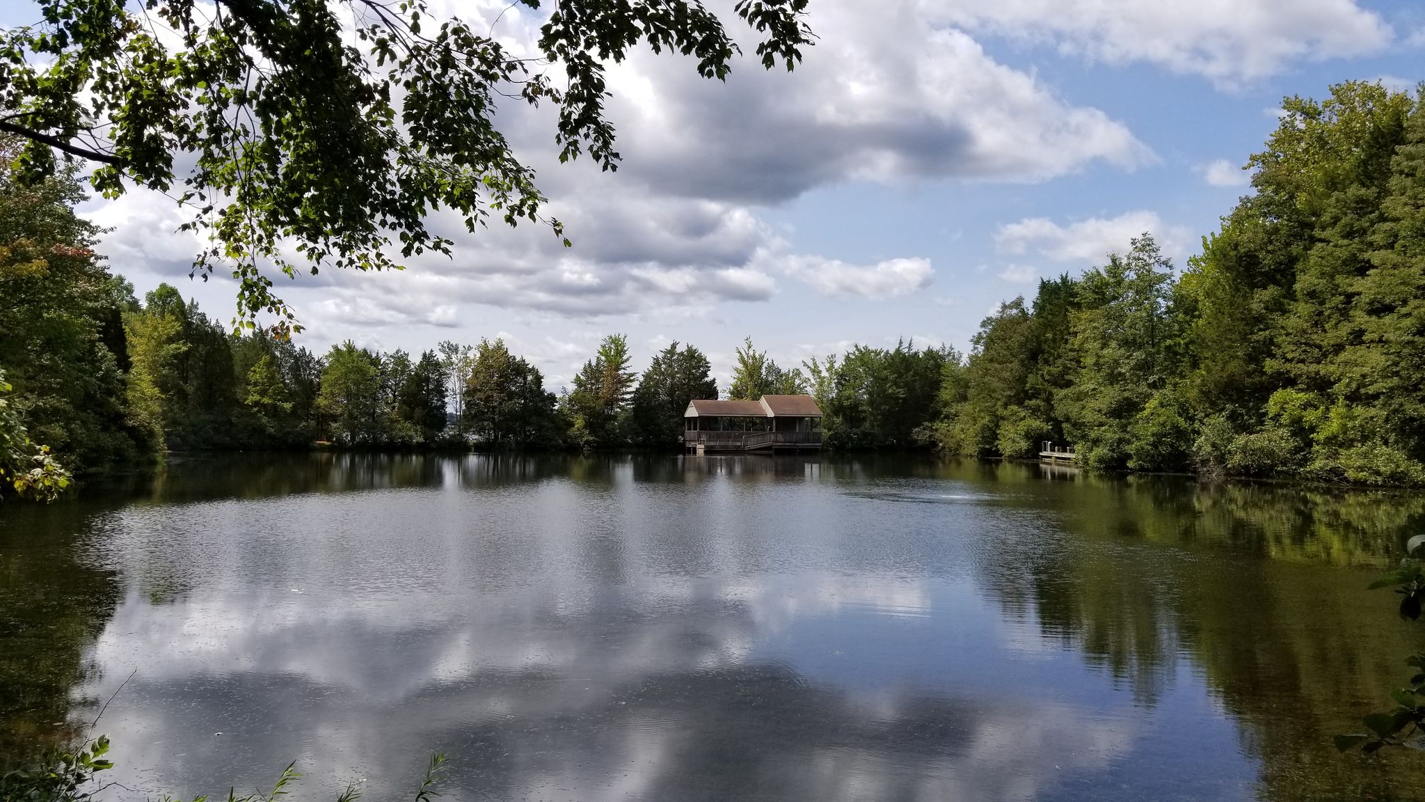 Calm lake reflects cloudy sky, surrounded by green trees and a distant house. - Lake Anna – Lake Anna State Park loop from Lake Anna State Park