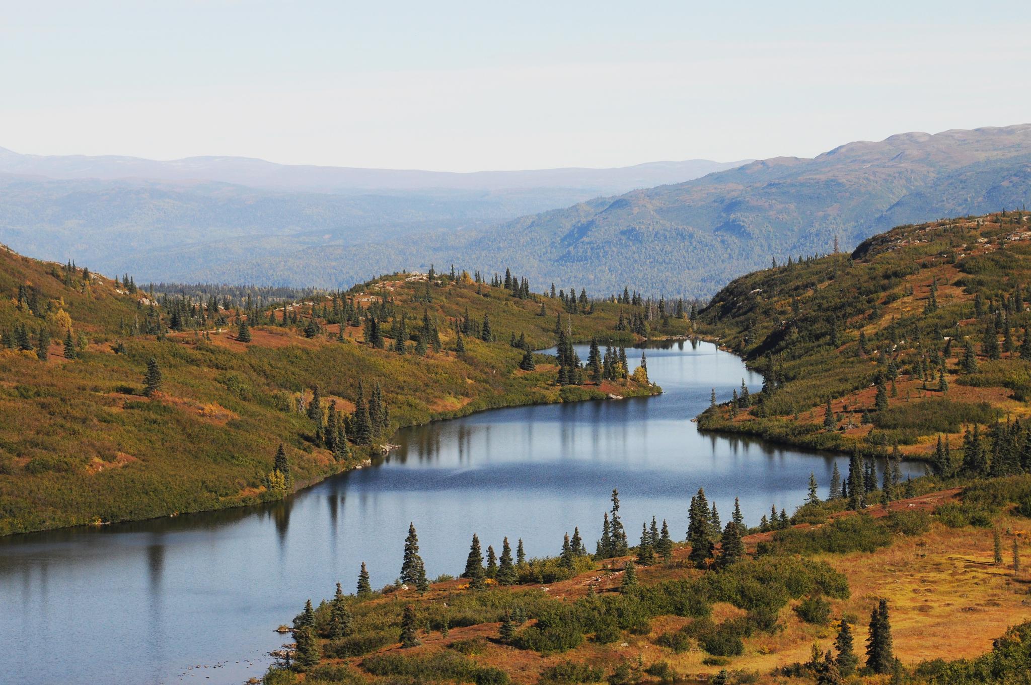 Scenic view of a calm river winding through forested hills on a clear day.