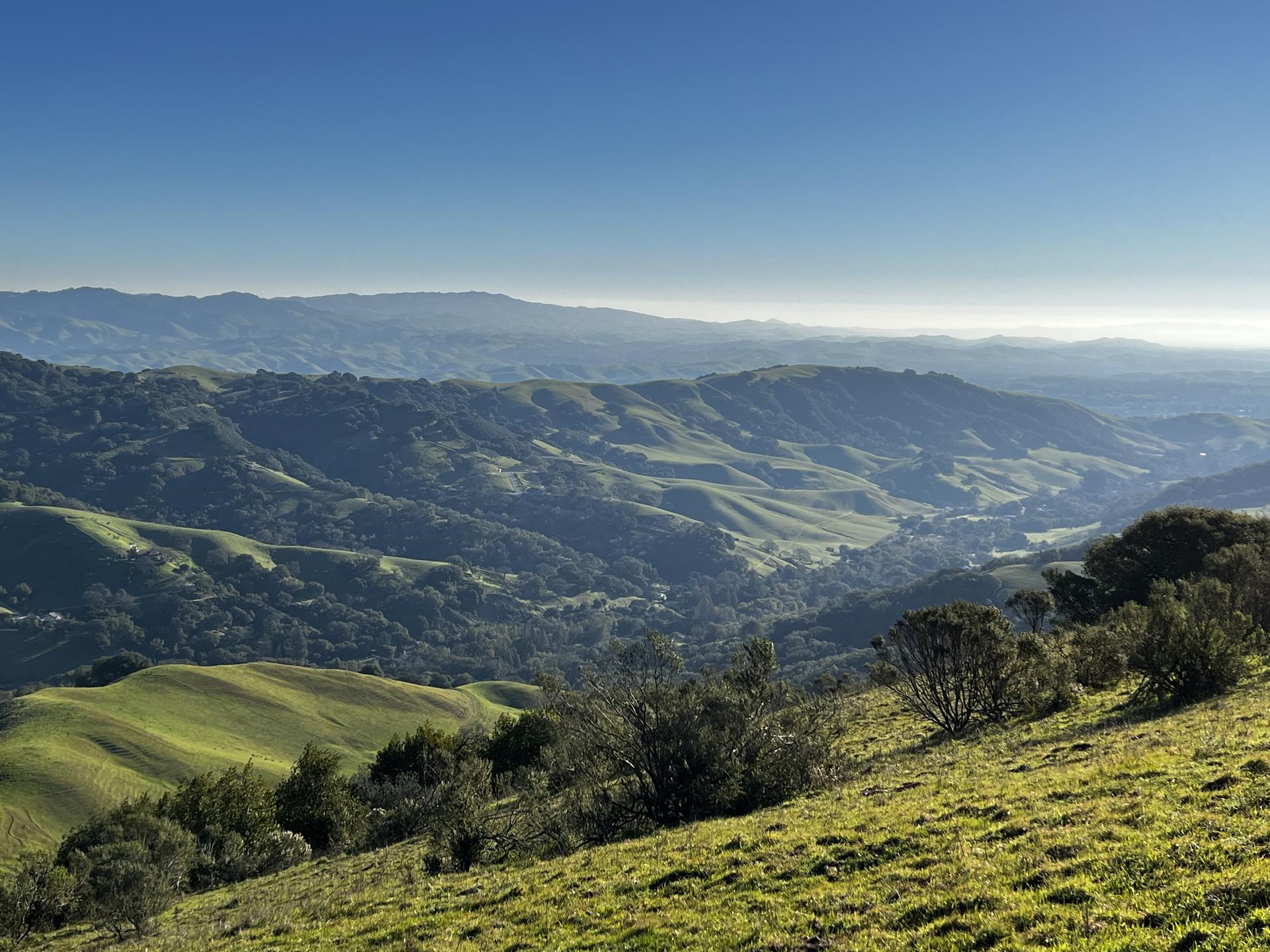 Vast landscape of rolling green hills and valleys under a clear sky.