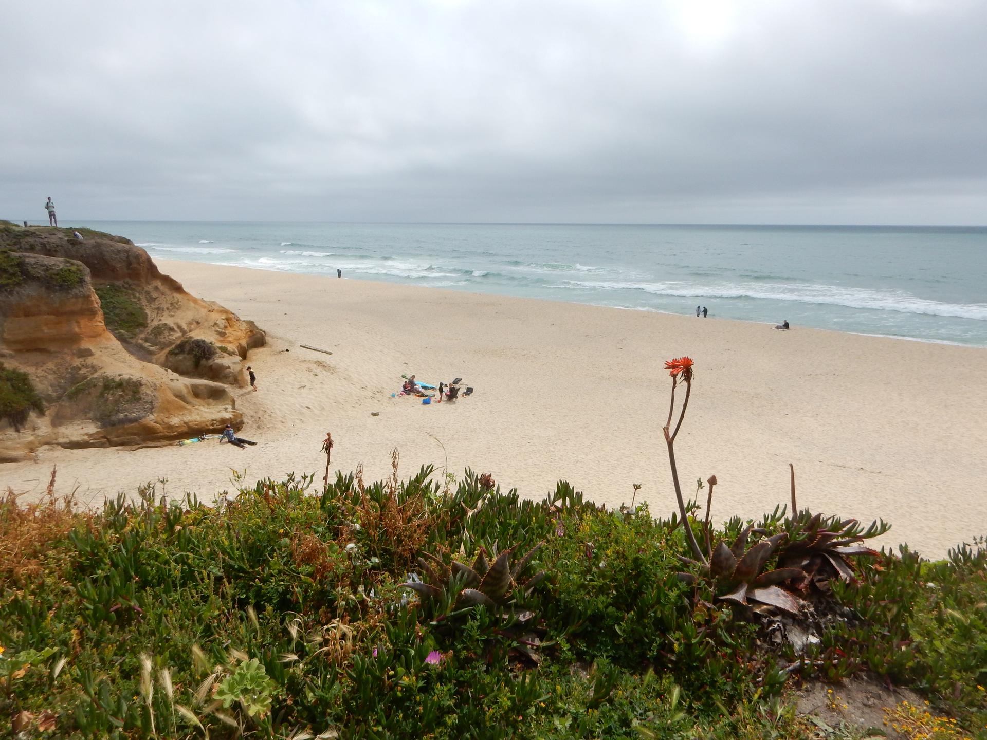 Overcast beach scene with sandy shore, ocean waves, and distant people.