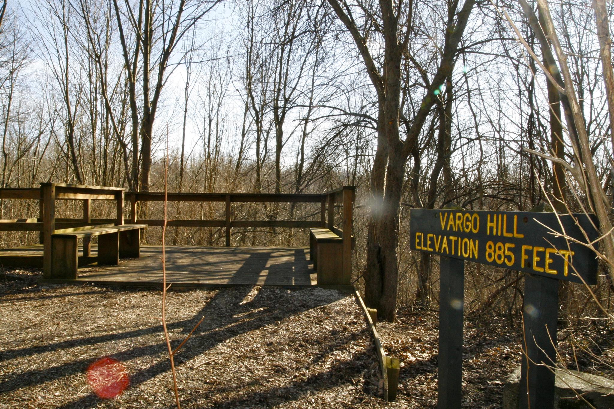 Sunny wooden viewing platform with benches in a bare forest, with an elevation sign.