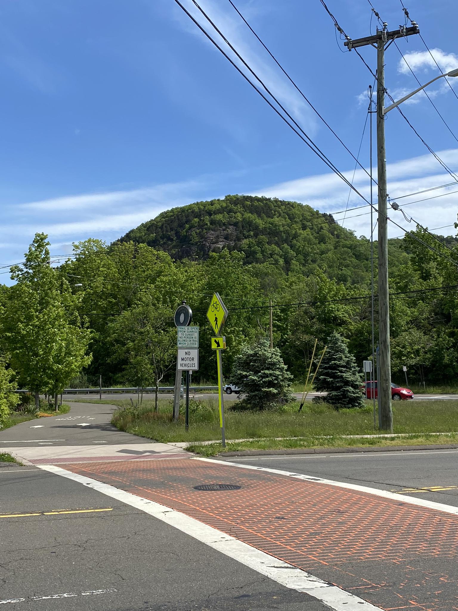 Paved intersection with crosswalk and utility pole, a green tree-covered hill beyond.