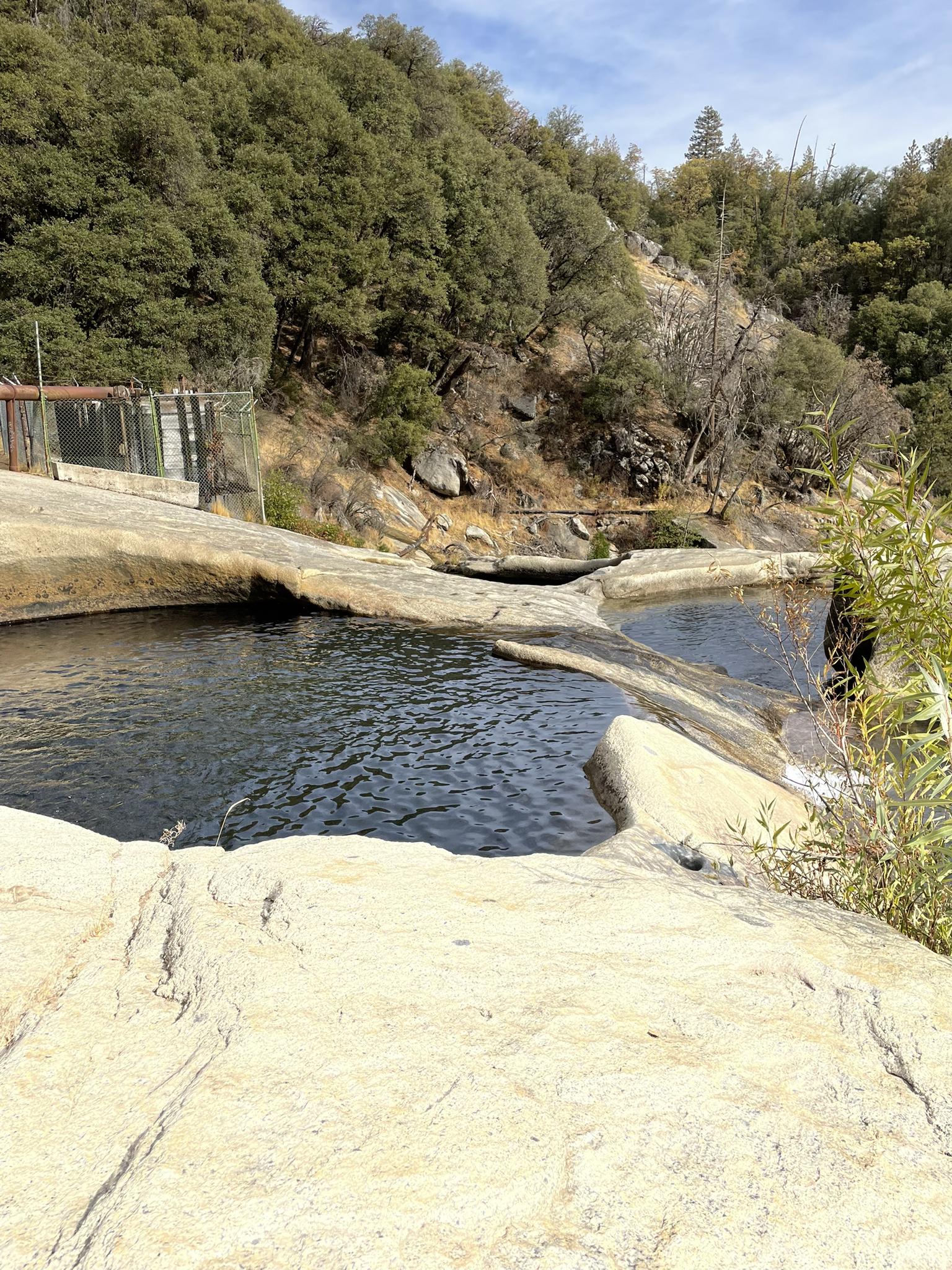 Clear water fills natural rock pools surrounded by green trees.