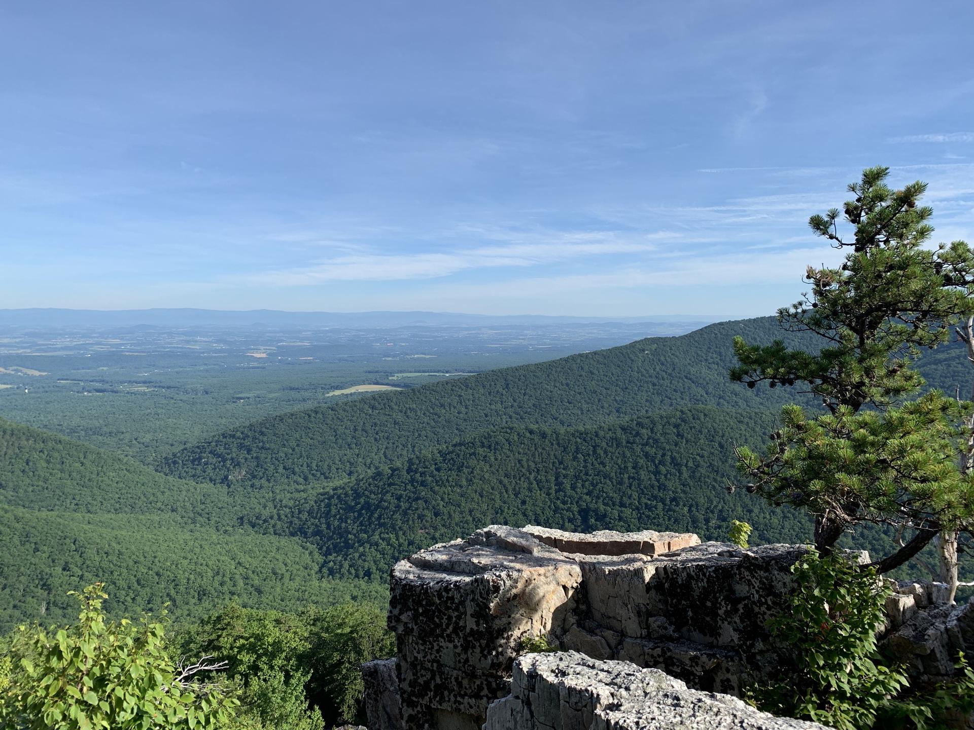 Vast green mountain landscape under a clear blue sky, with rocky foreground.