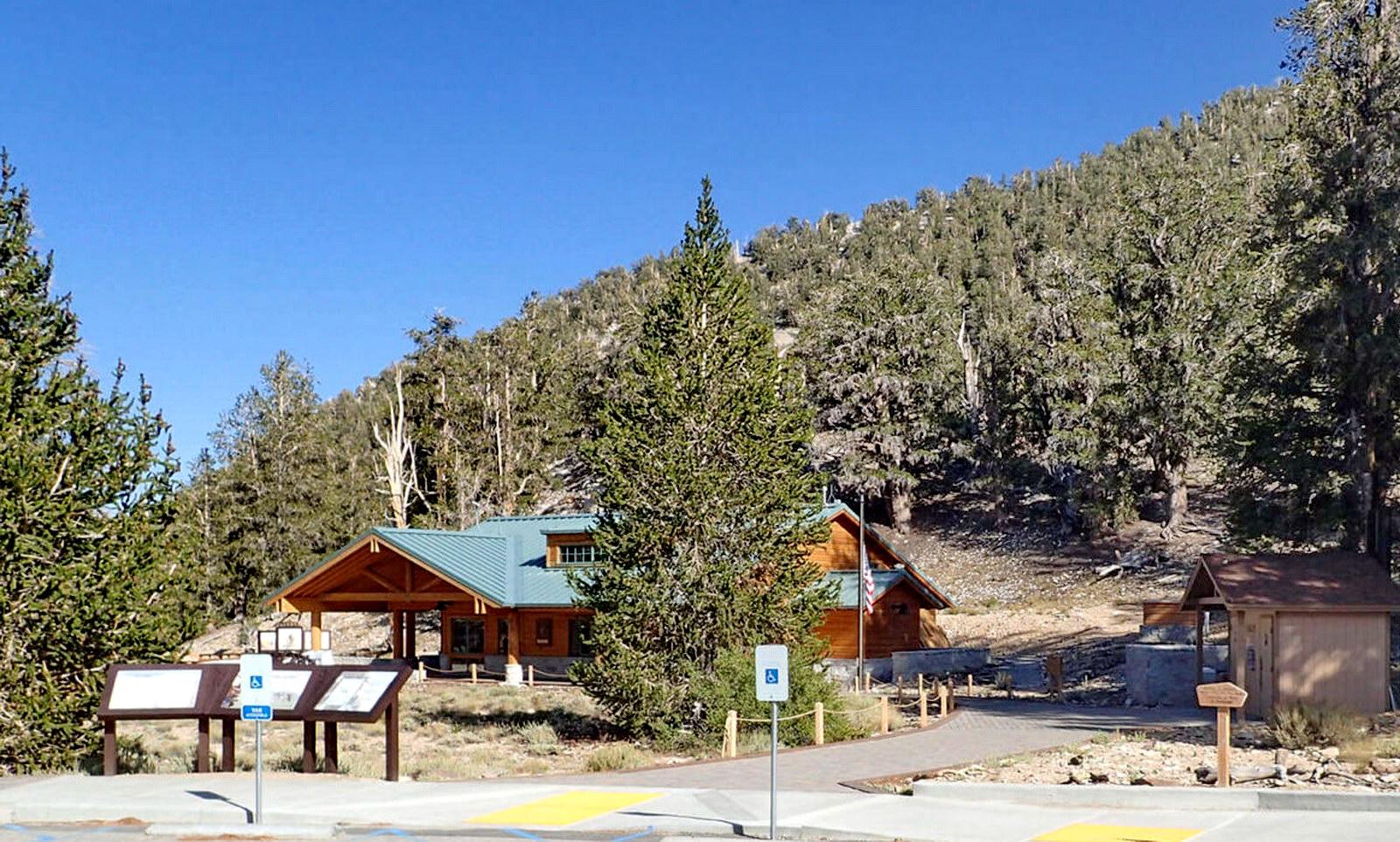 Wooden building with green roof and information signs under a clear blue sky.