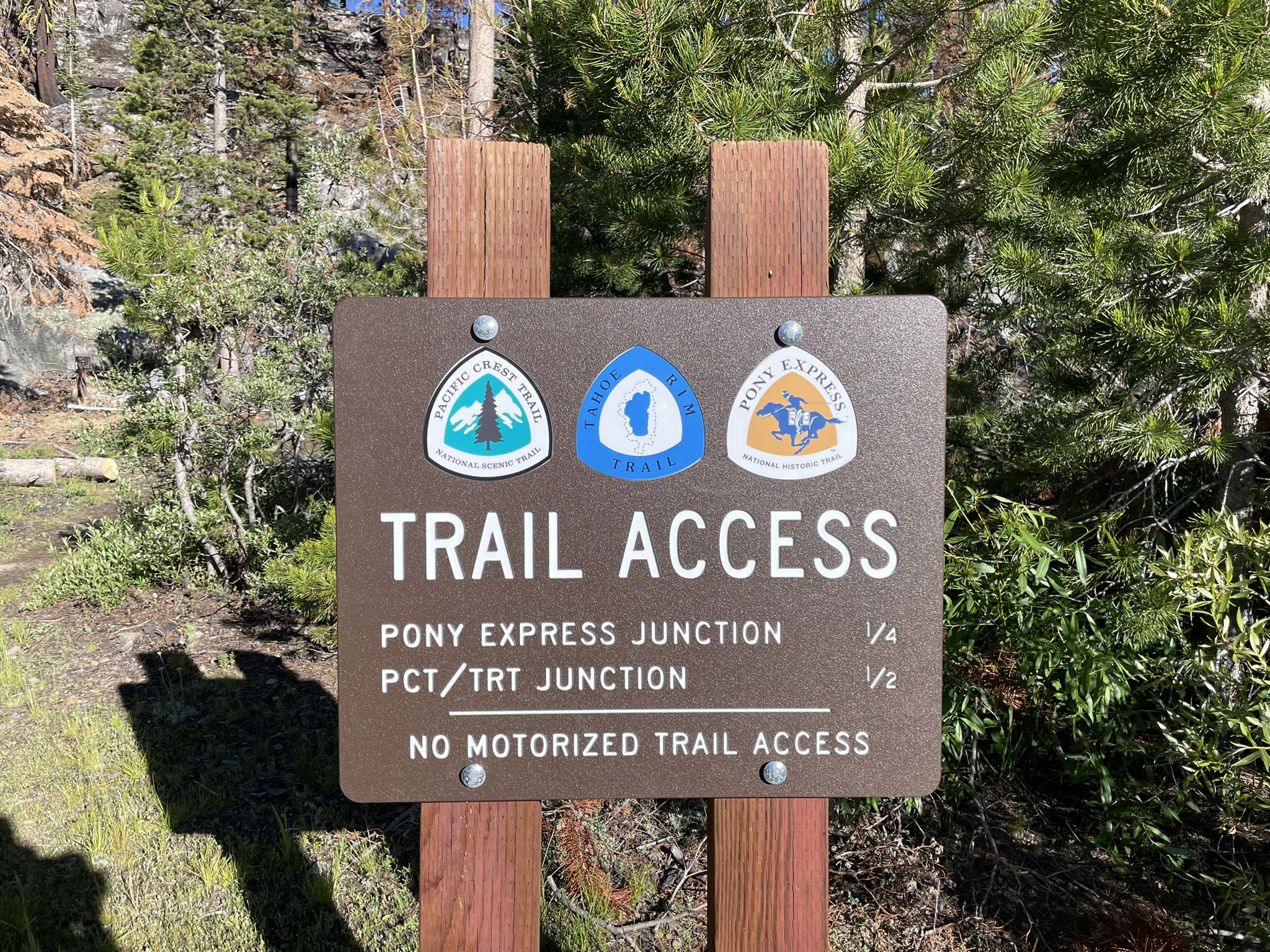Brown trail access sign with three logos, indicating trail information, in a forest. - Tahoe Rim Trail: Big Meadow to Echo Lake