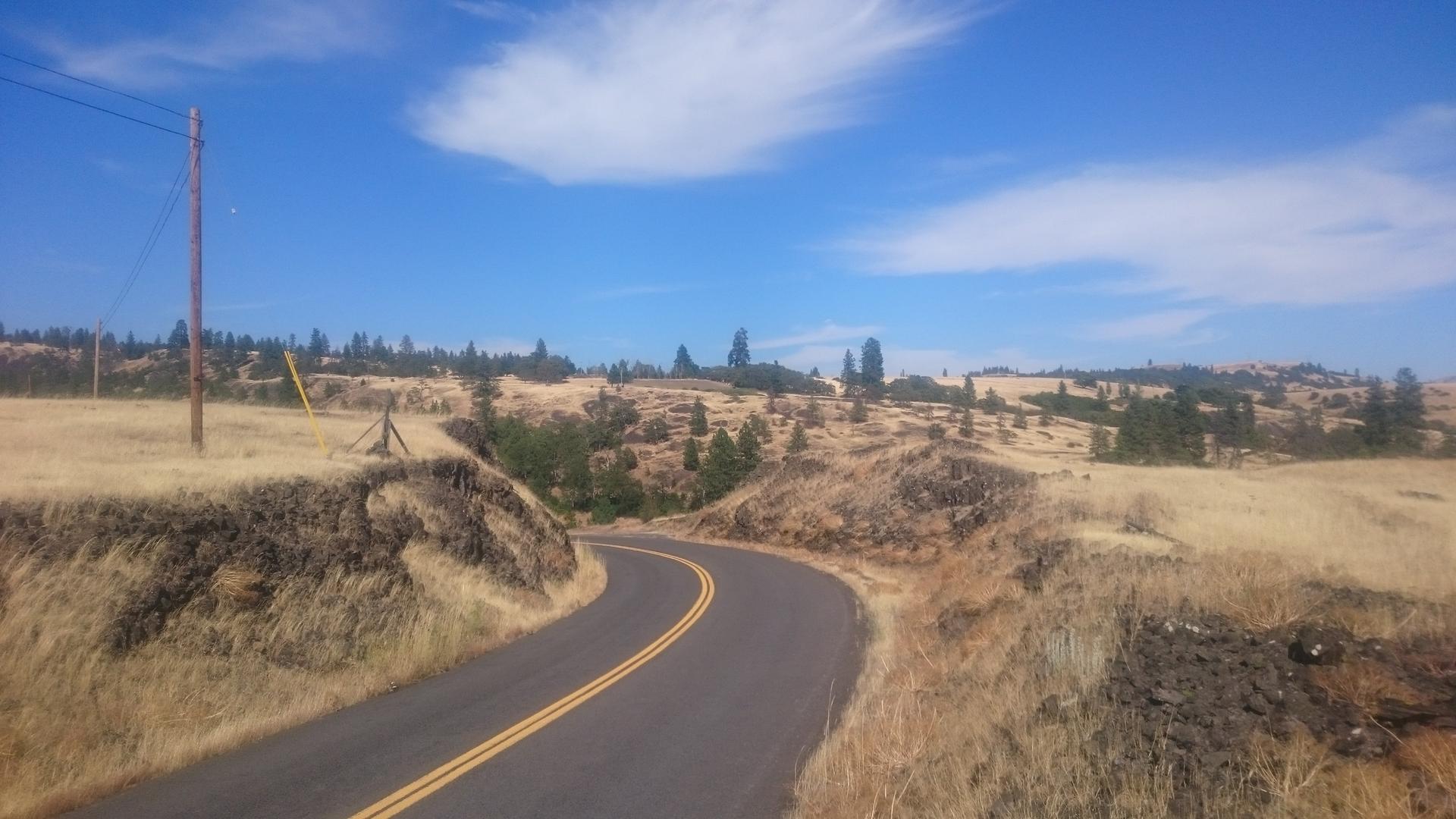 Winding paved road through dry, rolling hills under a bright blue sky.