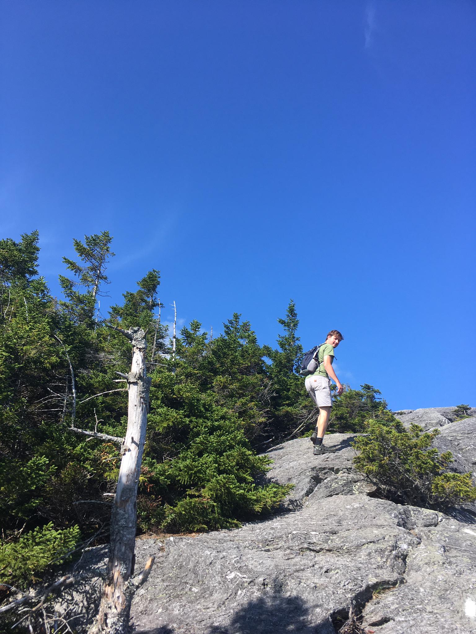 Hiker ascending a rocky slope surrounded by evergreen trees, clear sky.