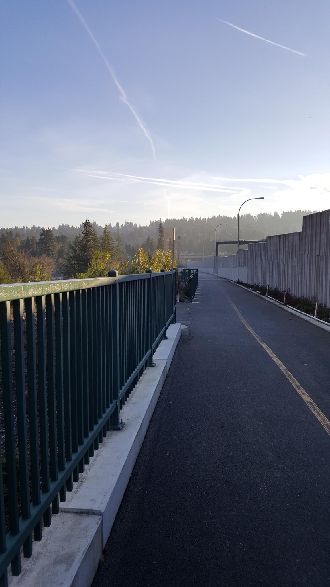 Paved path with green railing and concrete wall under a hazy sky.